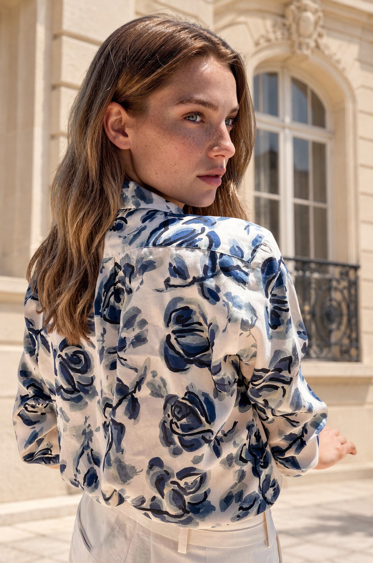 Chemisier Clemence imprimé soyeux - Fleurs bleues-CHEMISIER FEMME-Curling-Paris