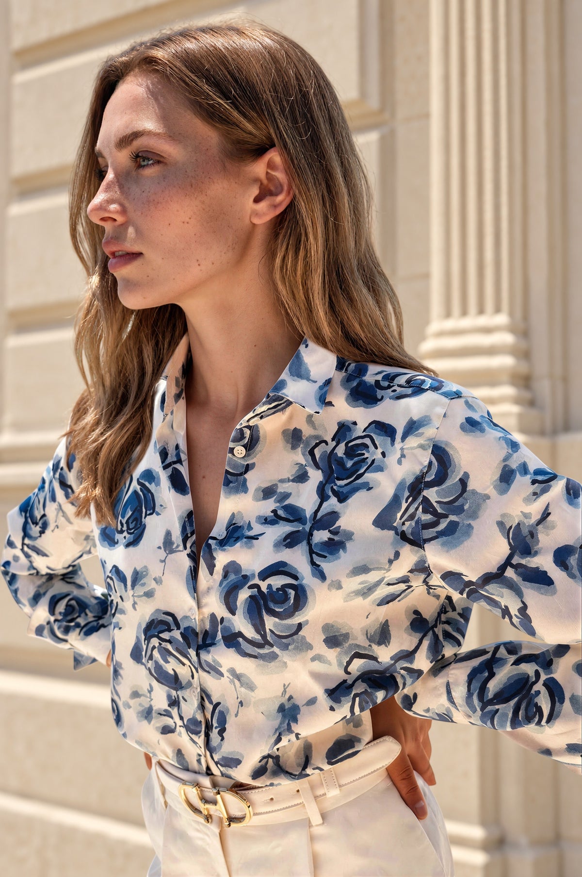 Chemisier Clemence imprimé soyeux - Fleurs bleues-CHEMISIER FEMME-Curling-Paris