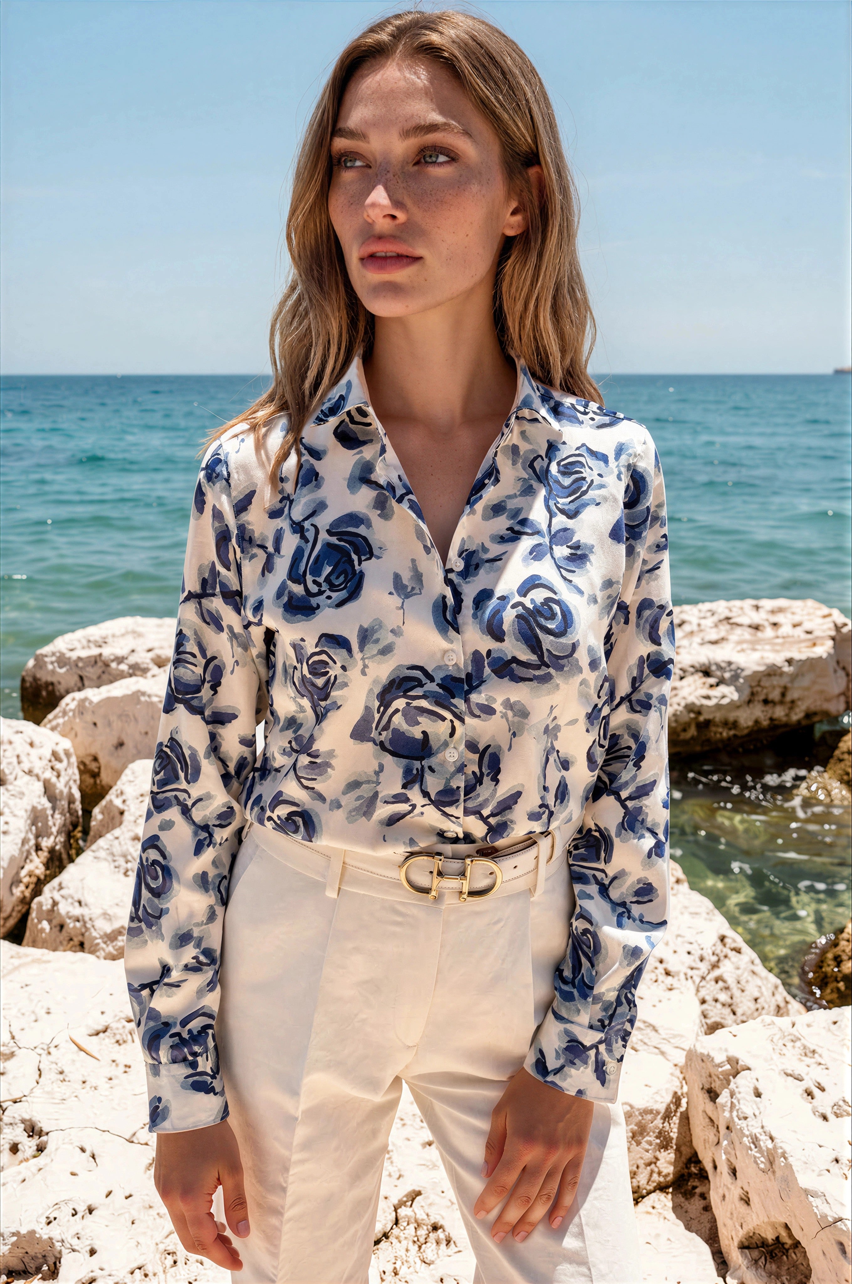 Chemisier Clemence imprimé soyeux - Fleurs bleues