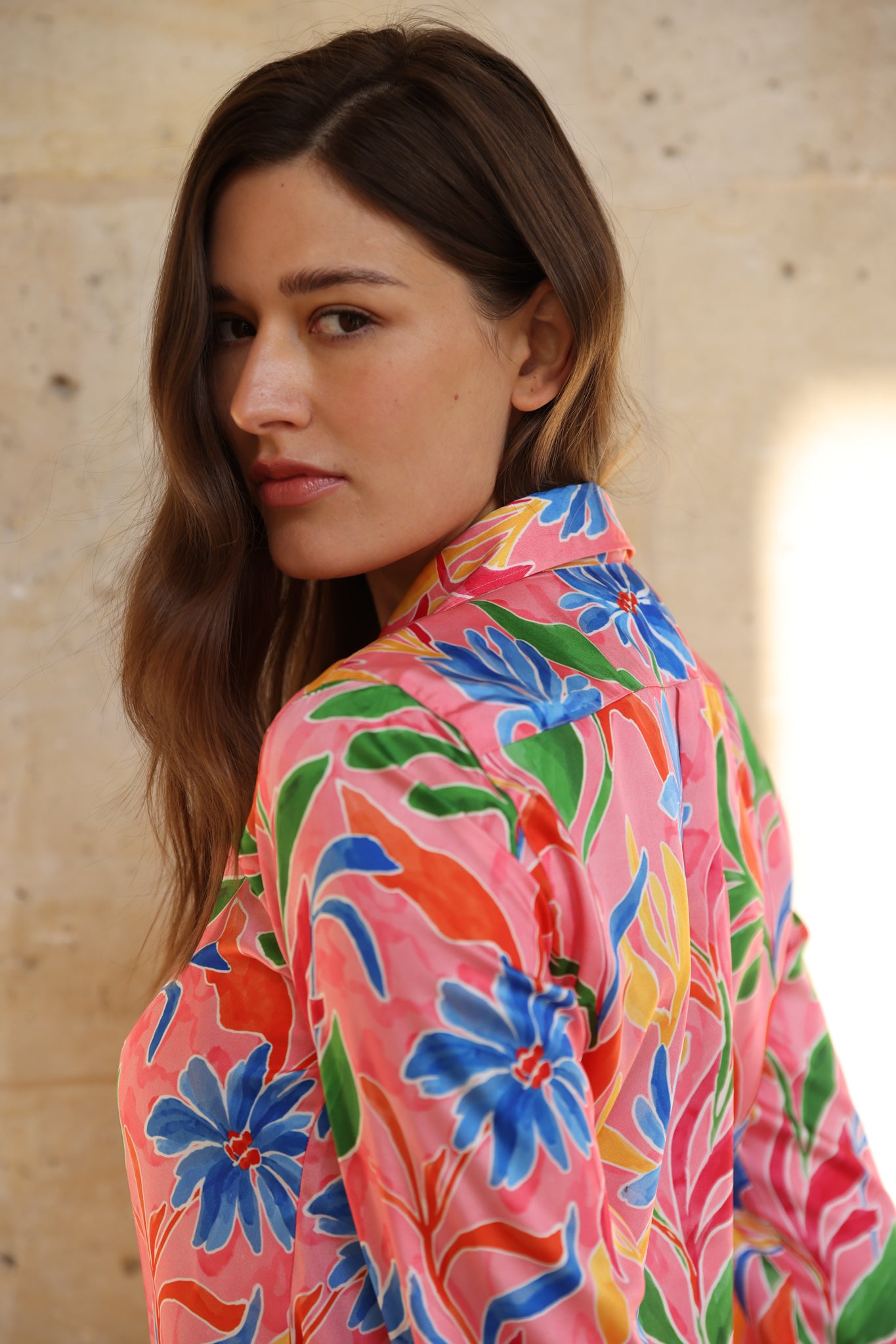Chemisier Clemence imprimé soyeux - Fleurs rose-CHEMISIER FEMME-Curling-Paris