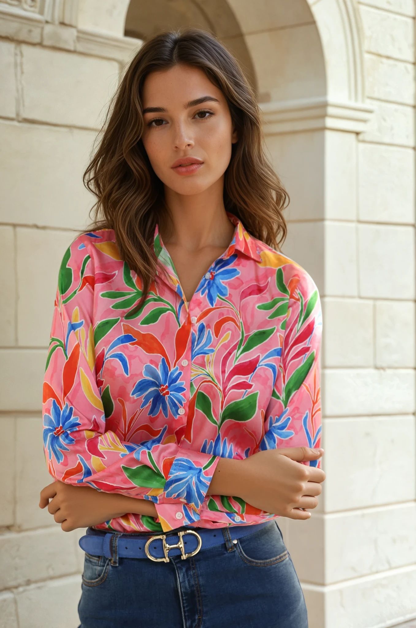 Chemisier Clemence imprimé soyeux - Fleurs rose
