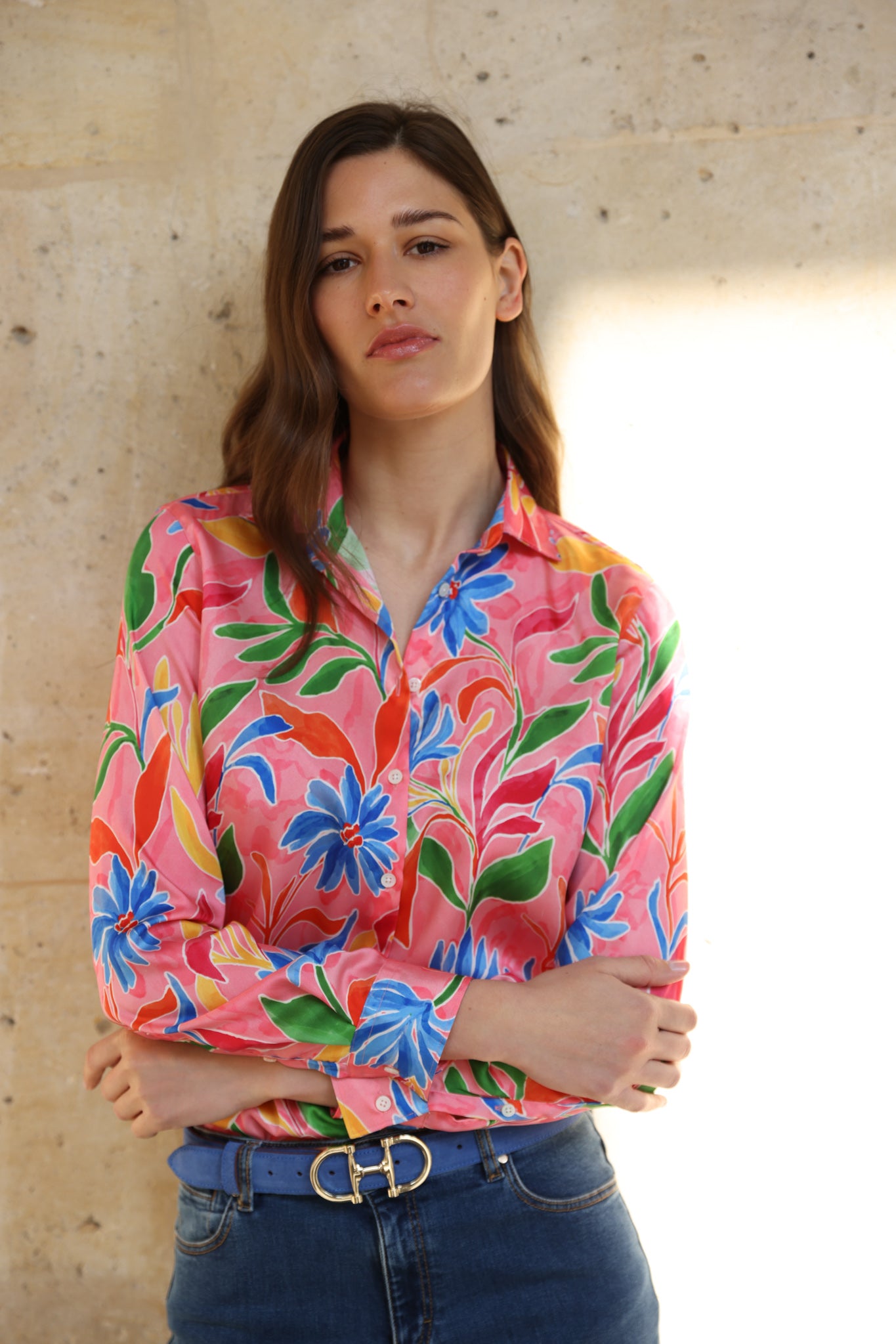 Chemisier Clemence imprimé soyeux - Fleurs rose-CHEMISIER FEMME-Curling-Paris