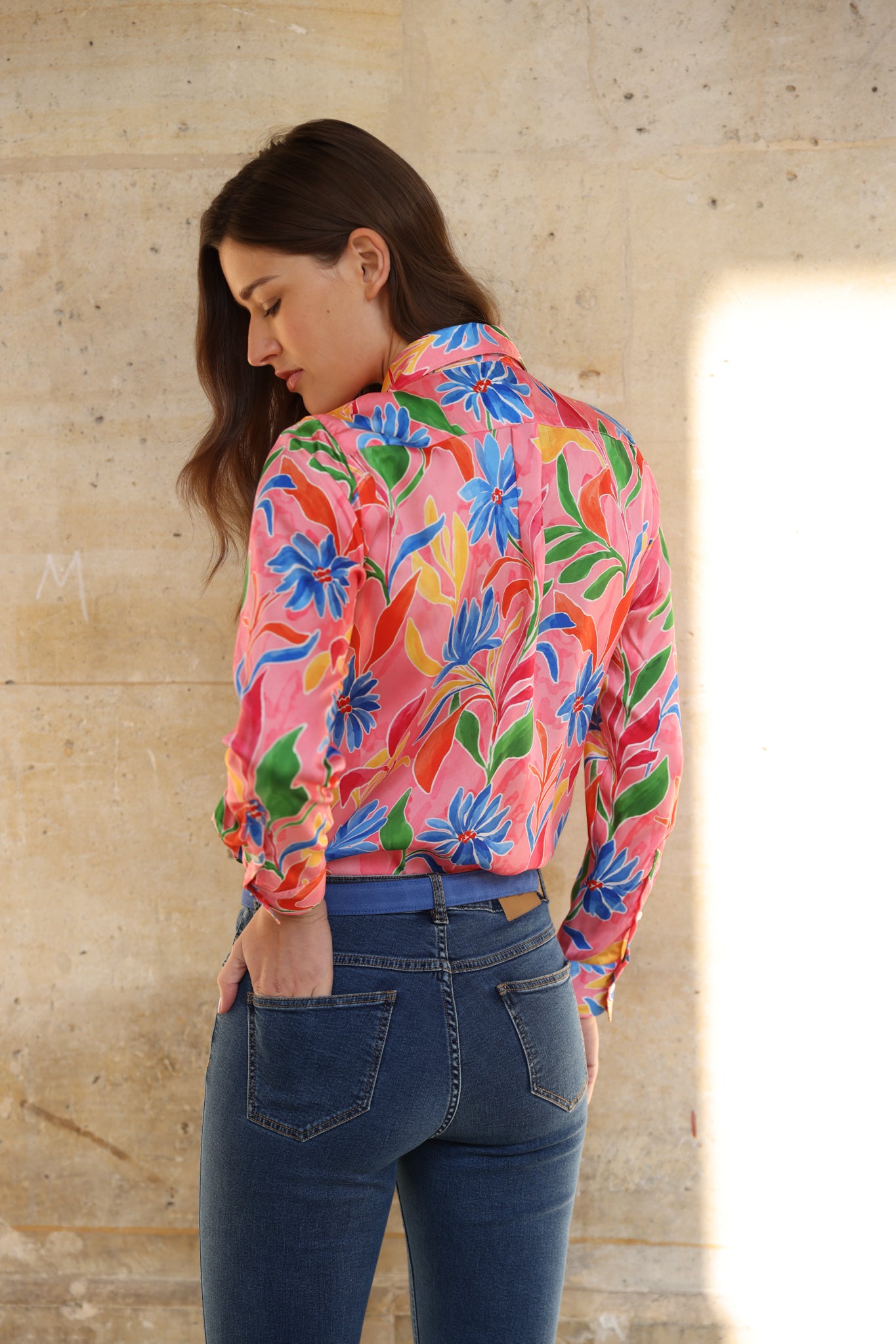 Chemisier Clemence imprimé soyeux - Fleurs rose-CHEMISIER FEMME-Curling-Paris