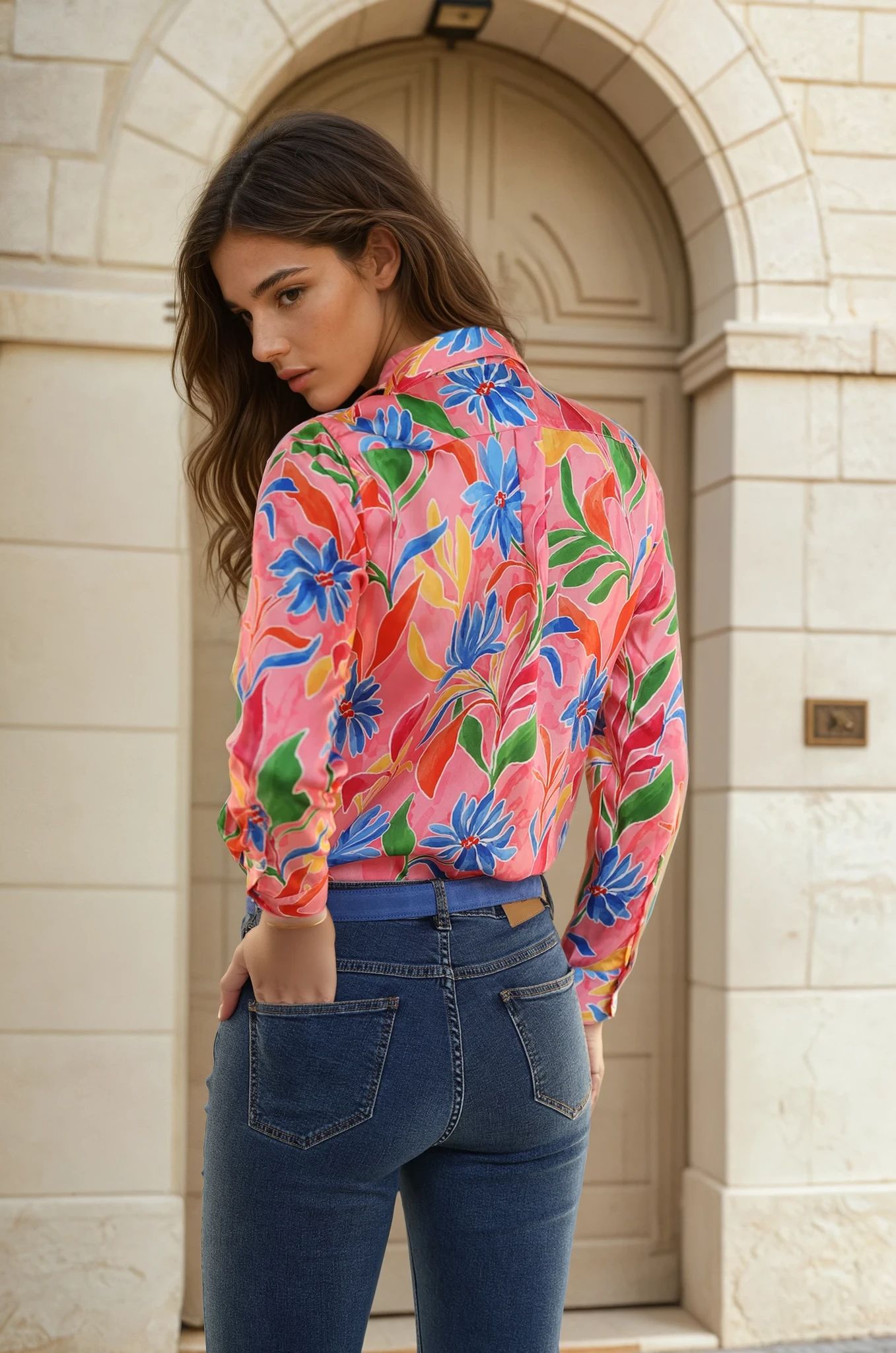 Chemisier Clemence imprimé soyeux - Fleurs rose-CHEMISIER FEMME-Curling-Paris