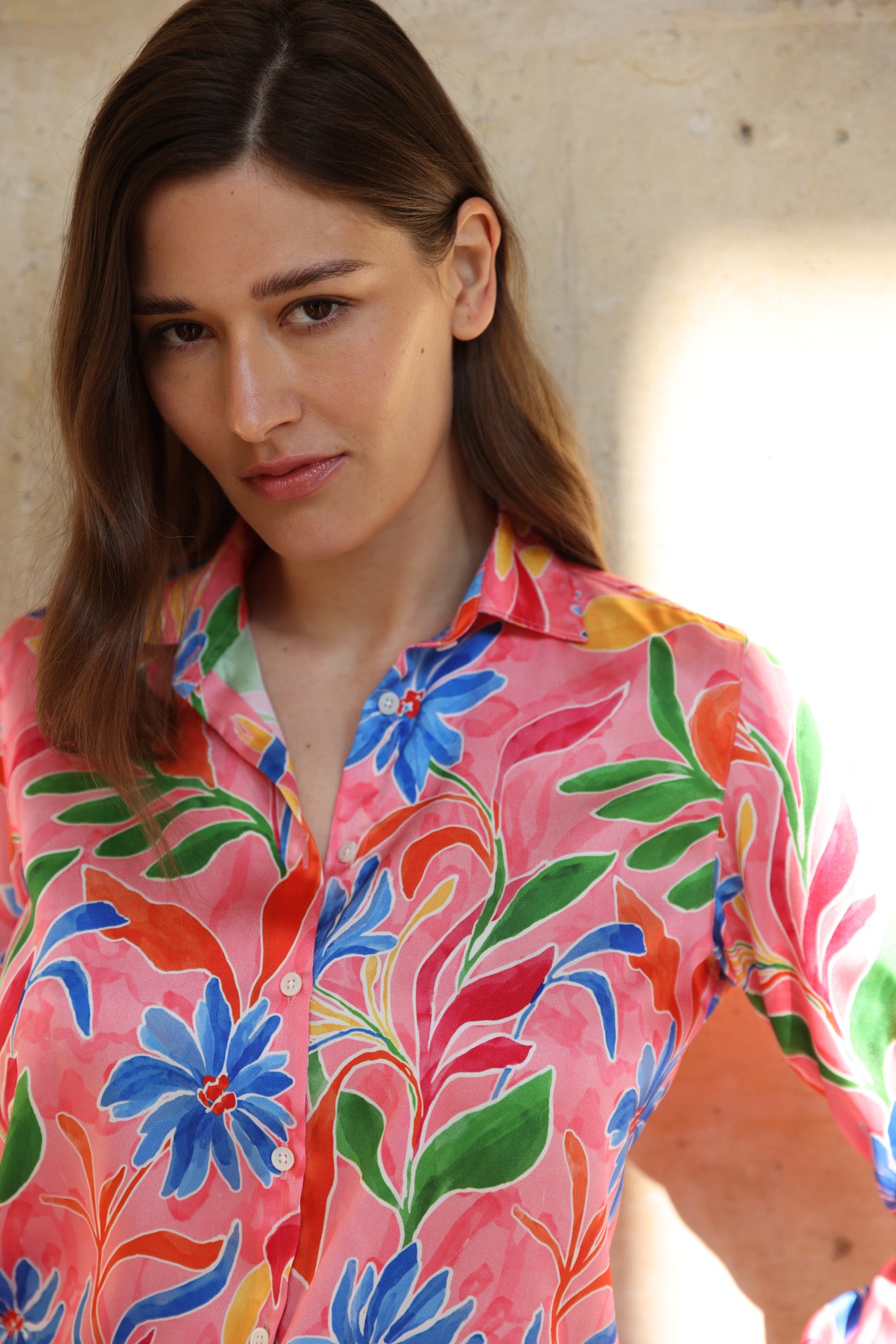 Chemisier Clemence imprimé soyeux - Fleurs rose-CHEMISIER FEMME-Curling-Paris