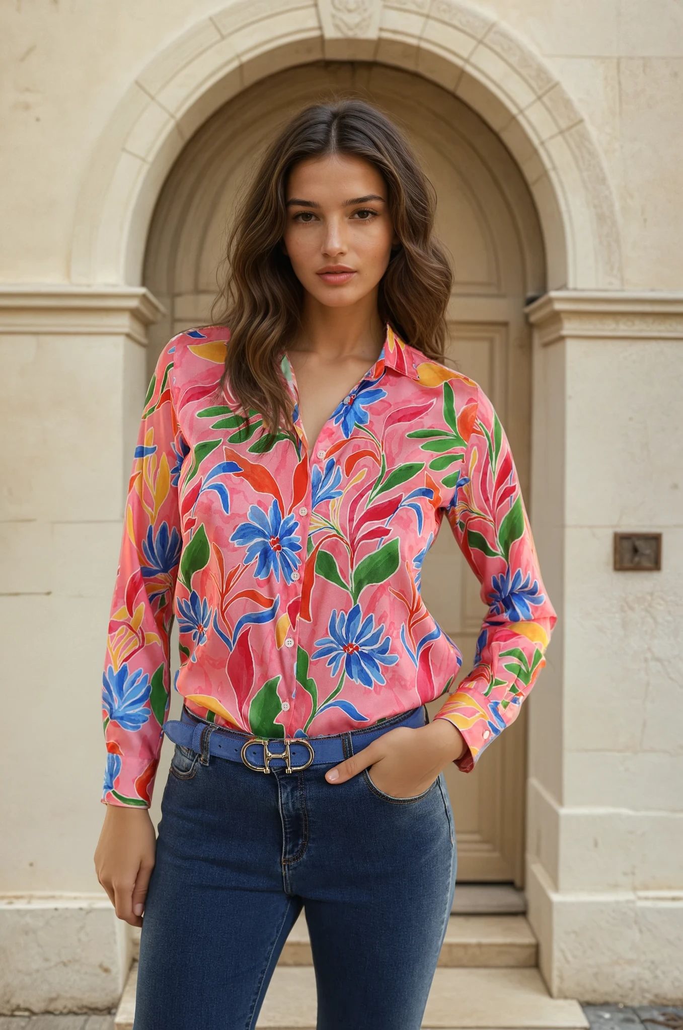 Chemisier Clemence imprimé soyeux - Fleurs rose