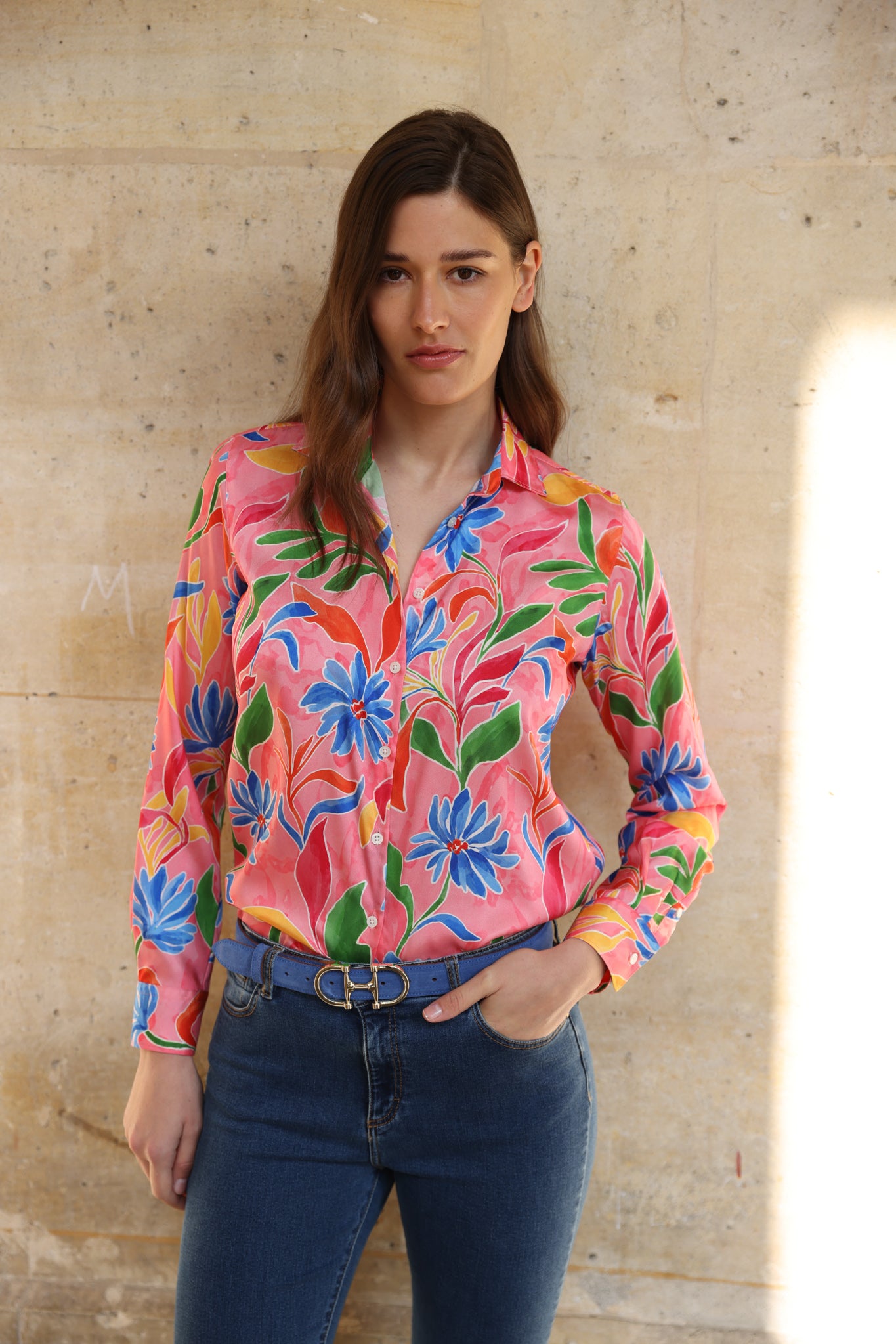Chemisier Clemence imprimé soyeux - Fleurs rose-CHEMISIER FEMME-Curling-Paris