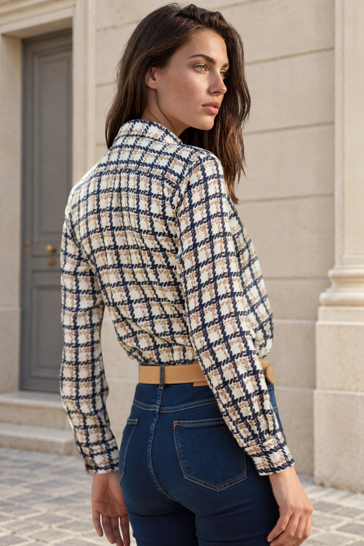 Chemisier Clemence imprimé soyeux - Marine & camel-CHEMISIER FEMME-Curling-Paris