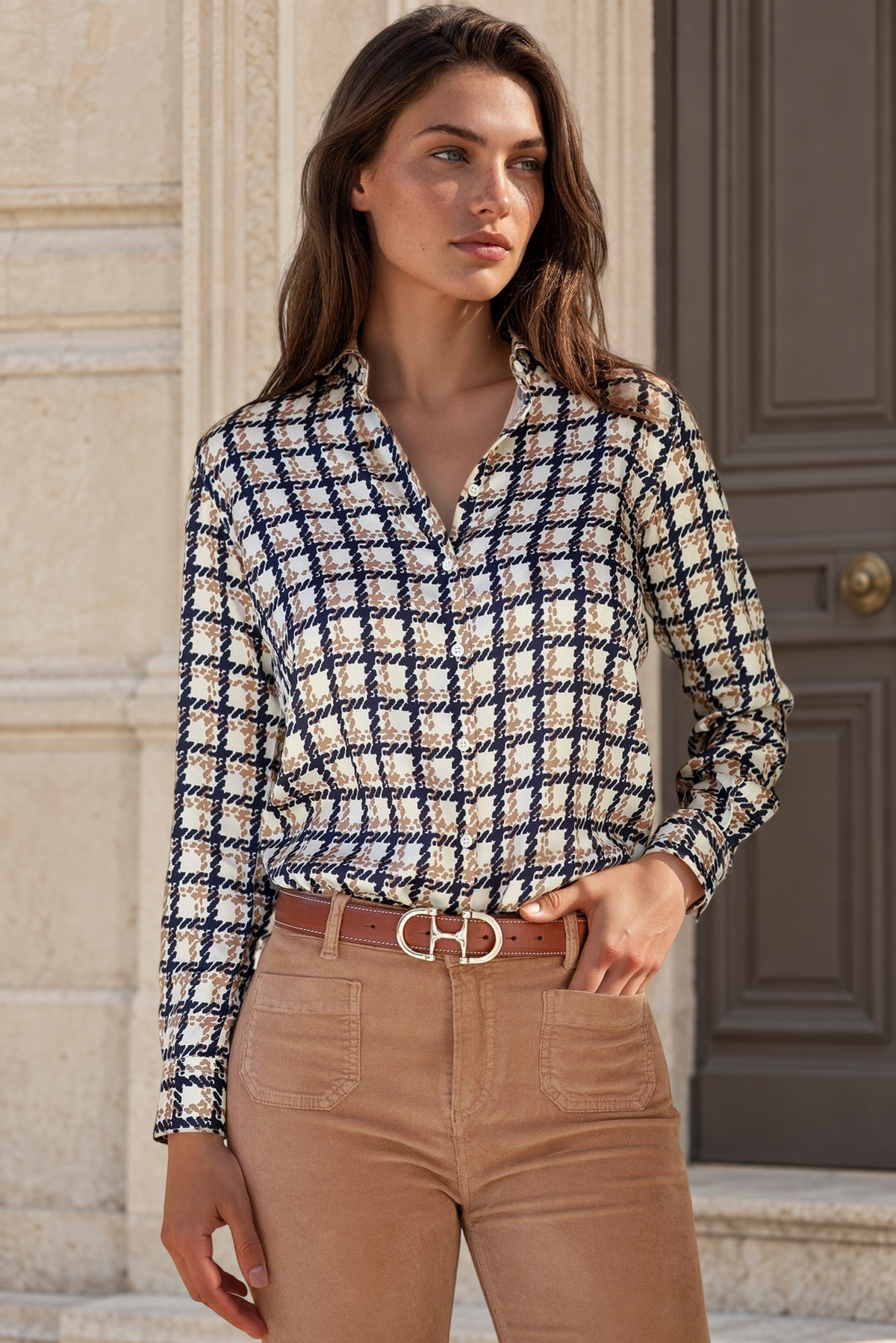Chemisier Clemence imprimé soyeux - Marine & camel-CHEMISIER FEMME-Curling-Paris