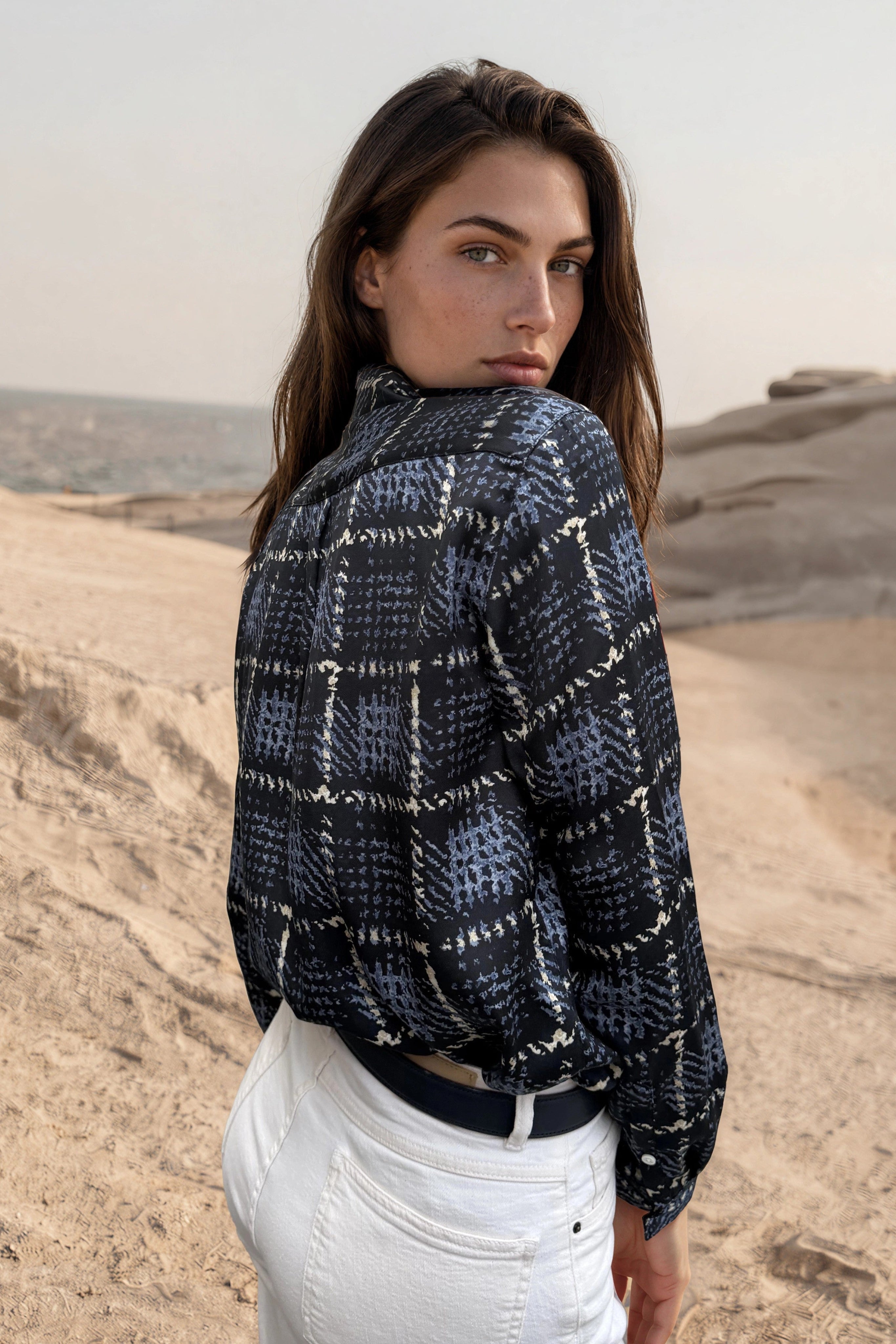 Chemisier Clémence imprimé soyeux - Marine, ciel et beige-CHEMISIER FEMME-Curling-Paris