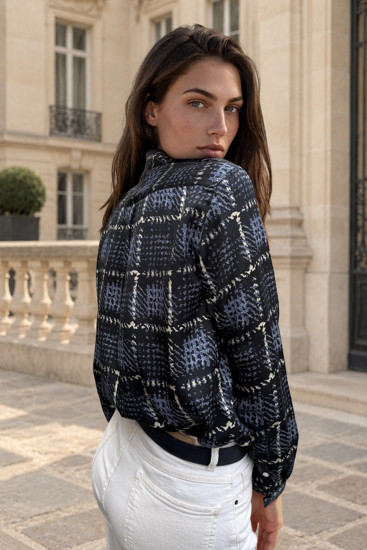 Chemisier Clémence imprimé soyeux - Marine, ciel et beige-CHEMISIER FEMME-Curling-Paris