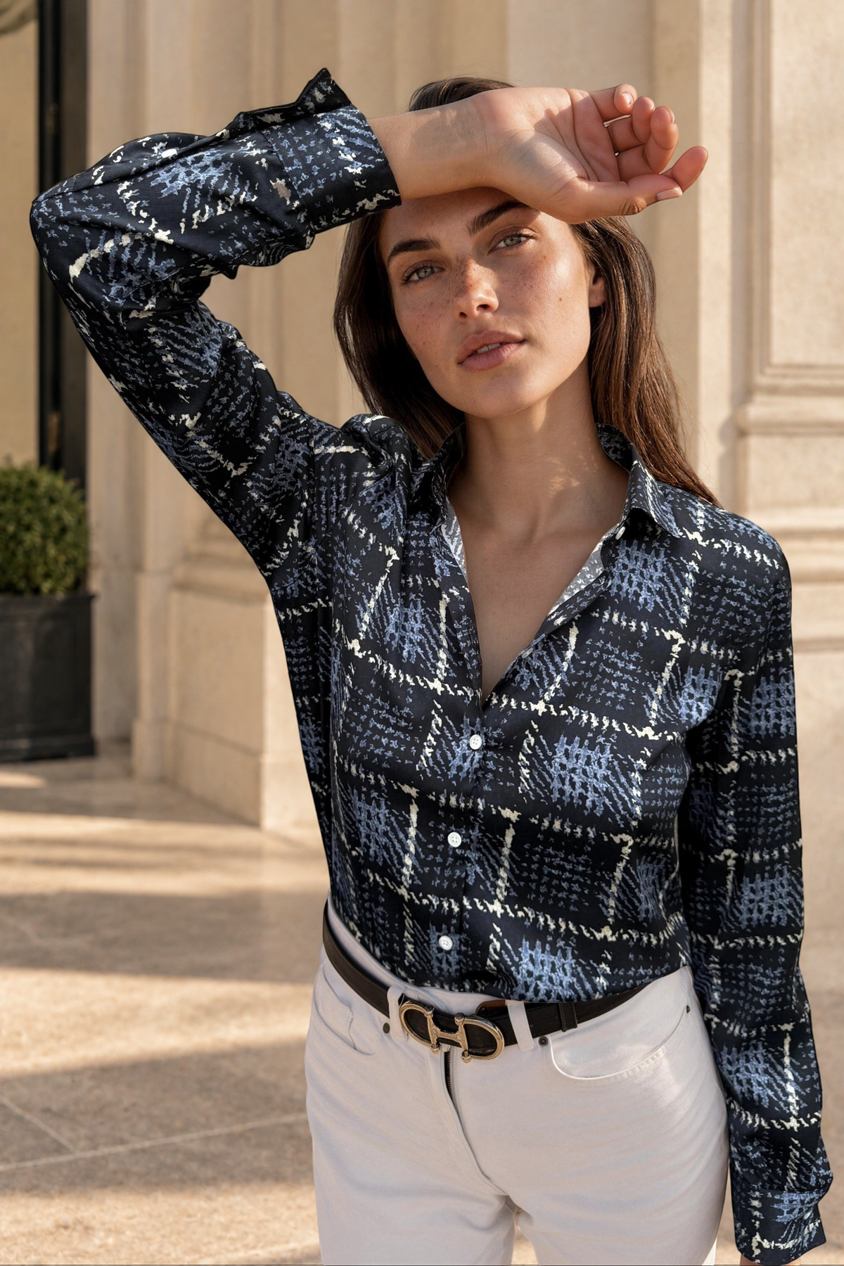 Chemisier Clémence imprimé soyeux - Marine, ciel et beige-CHEMISIER FEMME-Curling-Paris