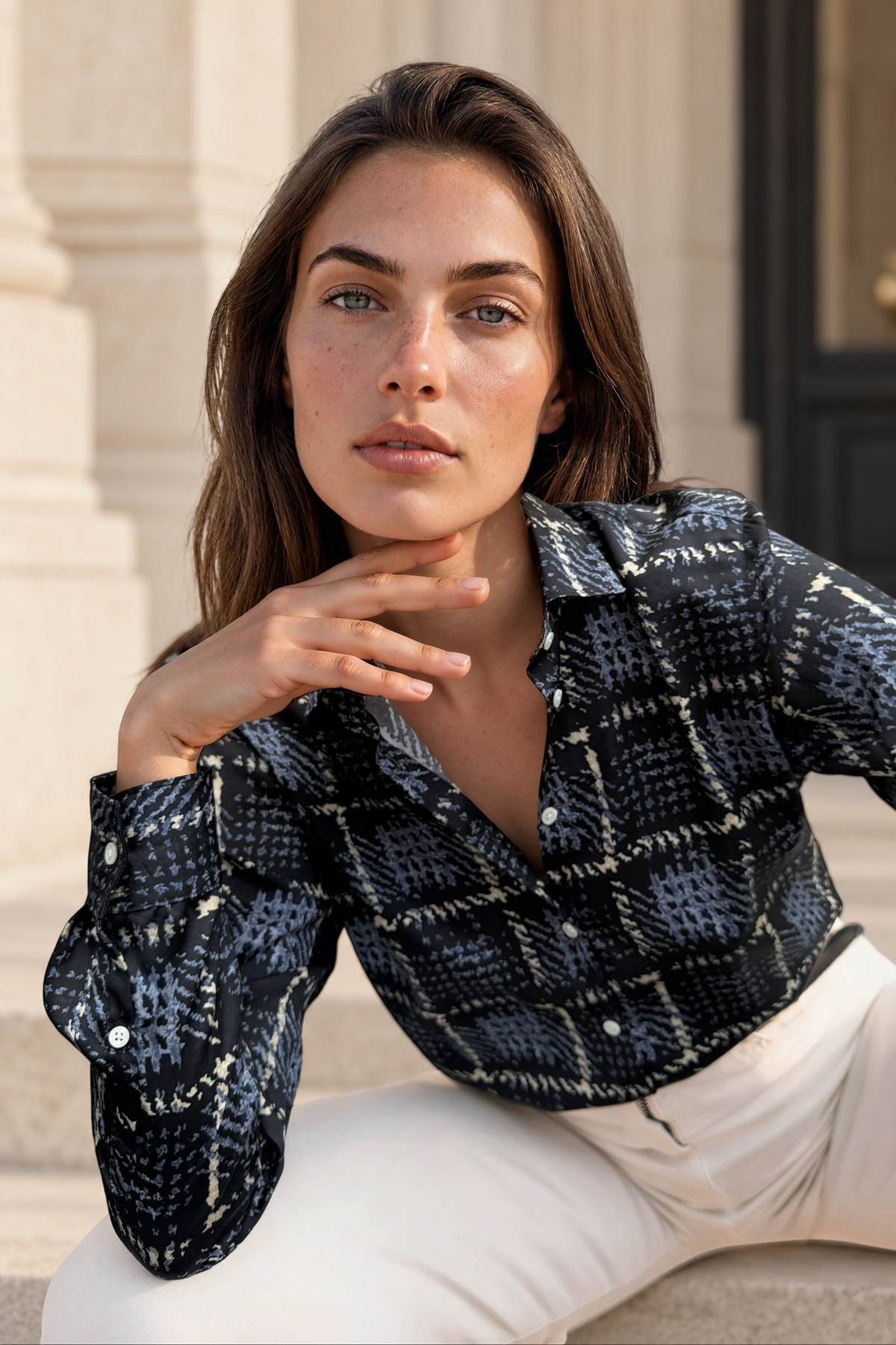 Chemisier Clémence imprimé soyeux - Marine, ciel et beige-CHEMISIER FEMME-Curling-Paris
