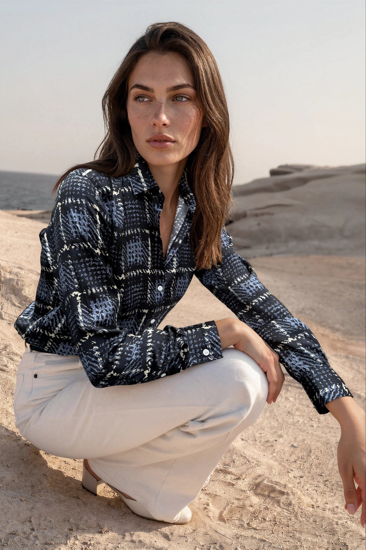 Chemisier Clémence imprimé soyeux - Marine, ciel et beige-CHEMISIER FEMME-Curling-Paris