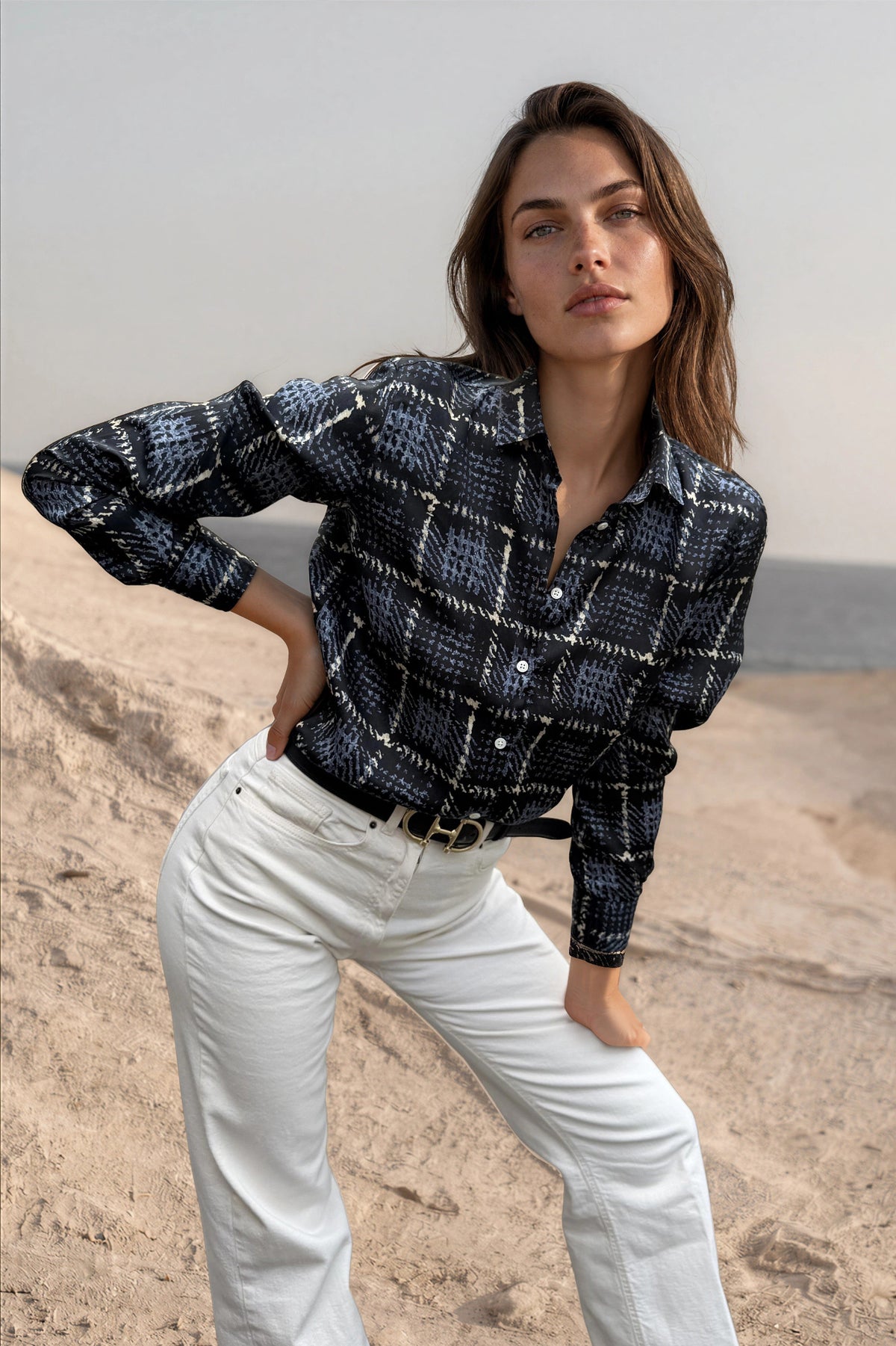 Chemisier Clémence imprimé soyeux - Marine, ciel et beige-CHEMISIER FEMME-Curling-Paris