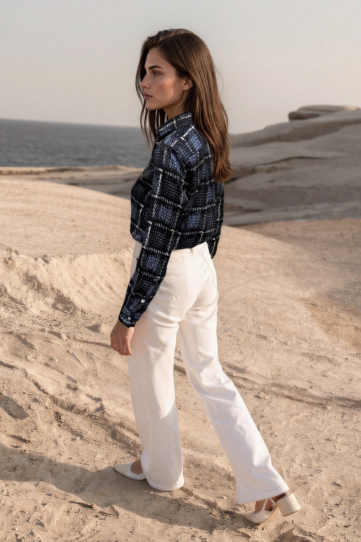Chemisier Clémence imprimé soyeux - Marine, ciel et beige-CHEMISIER FEMME-Curling-Paris