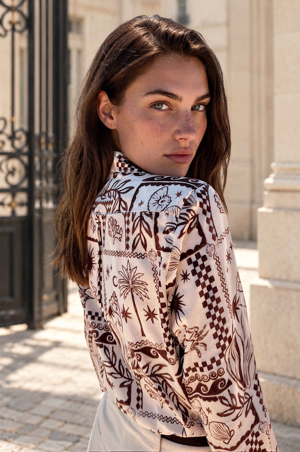 Chemisier Clémence imprimé soyeux - Marron-CHEMISIER FEMME-Curling-Paris