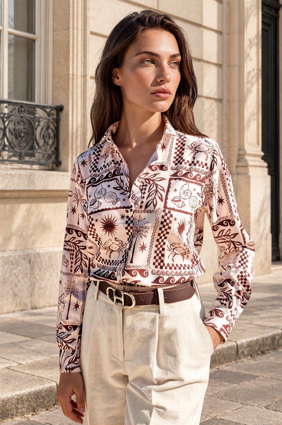 Chemisier Clémence imprimé soyeux - Marron-CHEMISIER FEMME-Curling-Paris