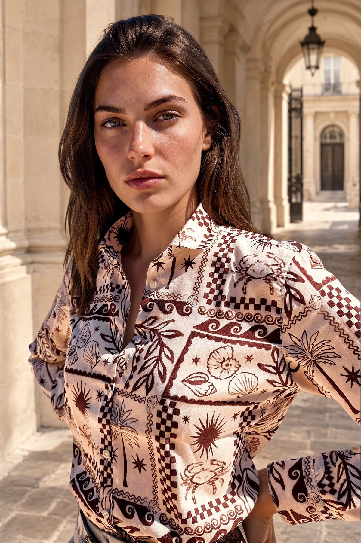Chemisier Clémence imprimé soyeux - Marron-CHEMISIER FEMME-Curling-Paris