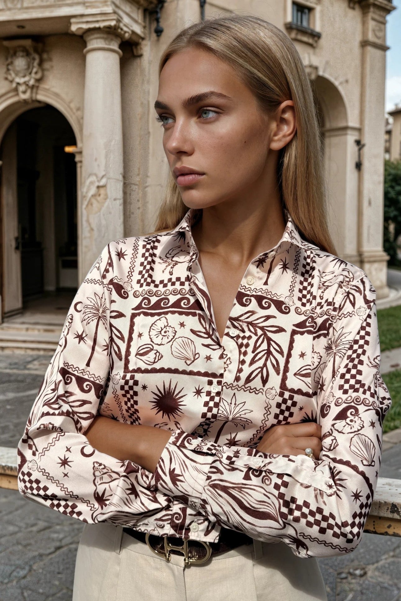 Chemisier Clémence imprimé soyeux - Marron-CHEMISIER FEMME-Curling-Paris
