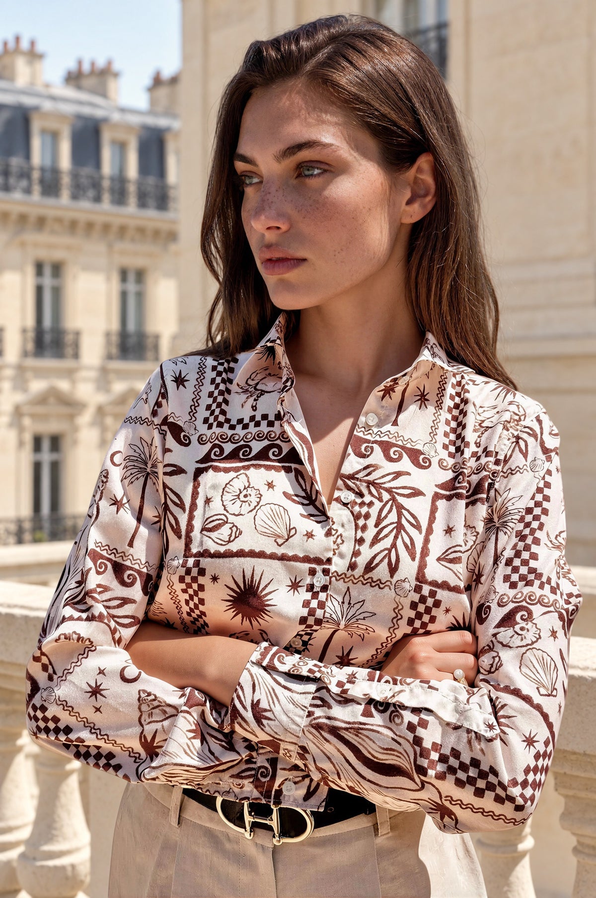 Chemisier Clémence imprimé soyeux - Marron-CHEMISIER FEMME-Curling-Paris
