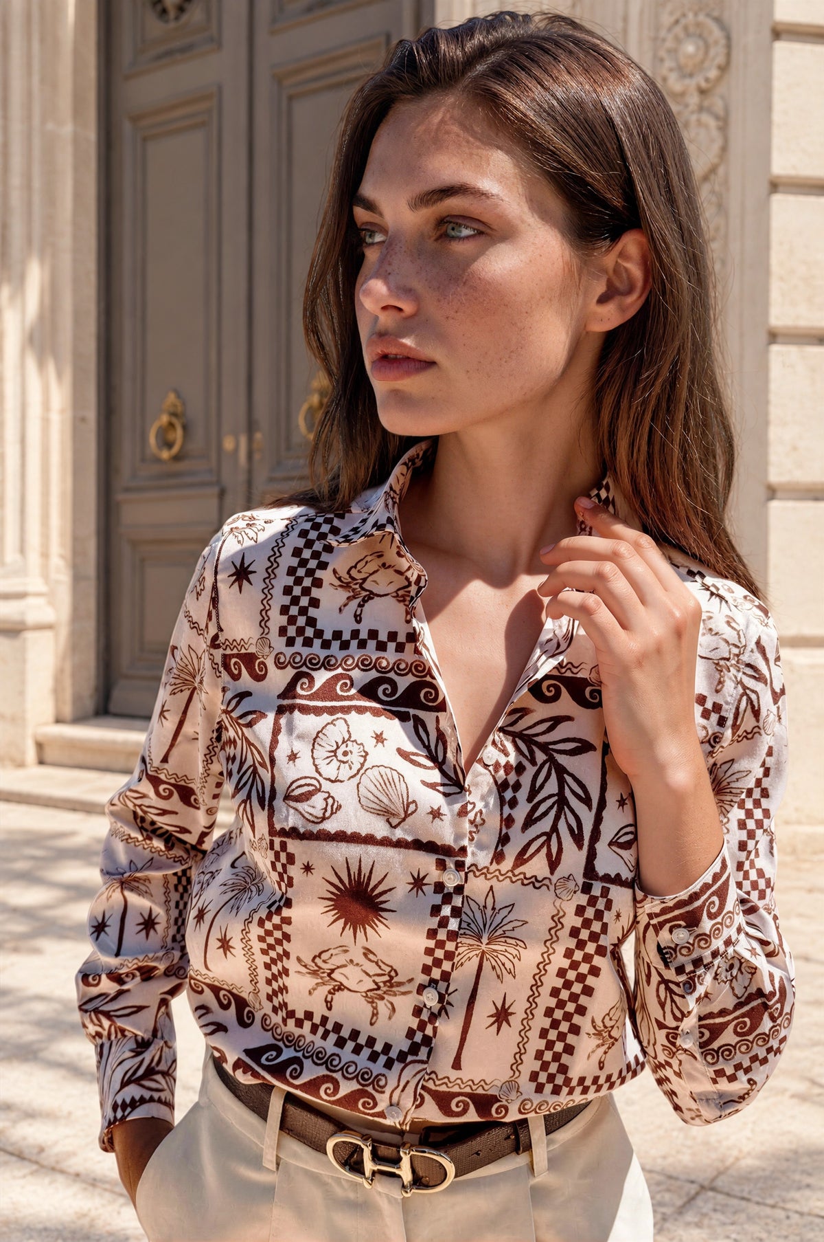 Chemisier Clémence imprimé soyeux - Marron-CHEMISIER FEMME-Curling-Paris