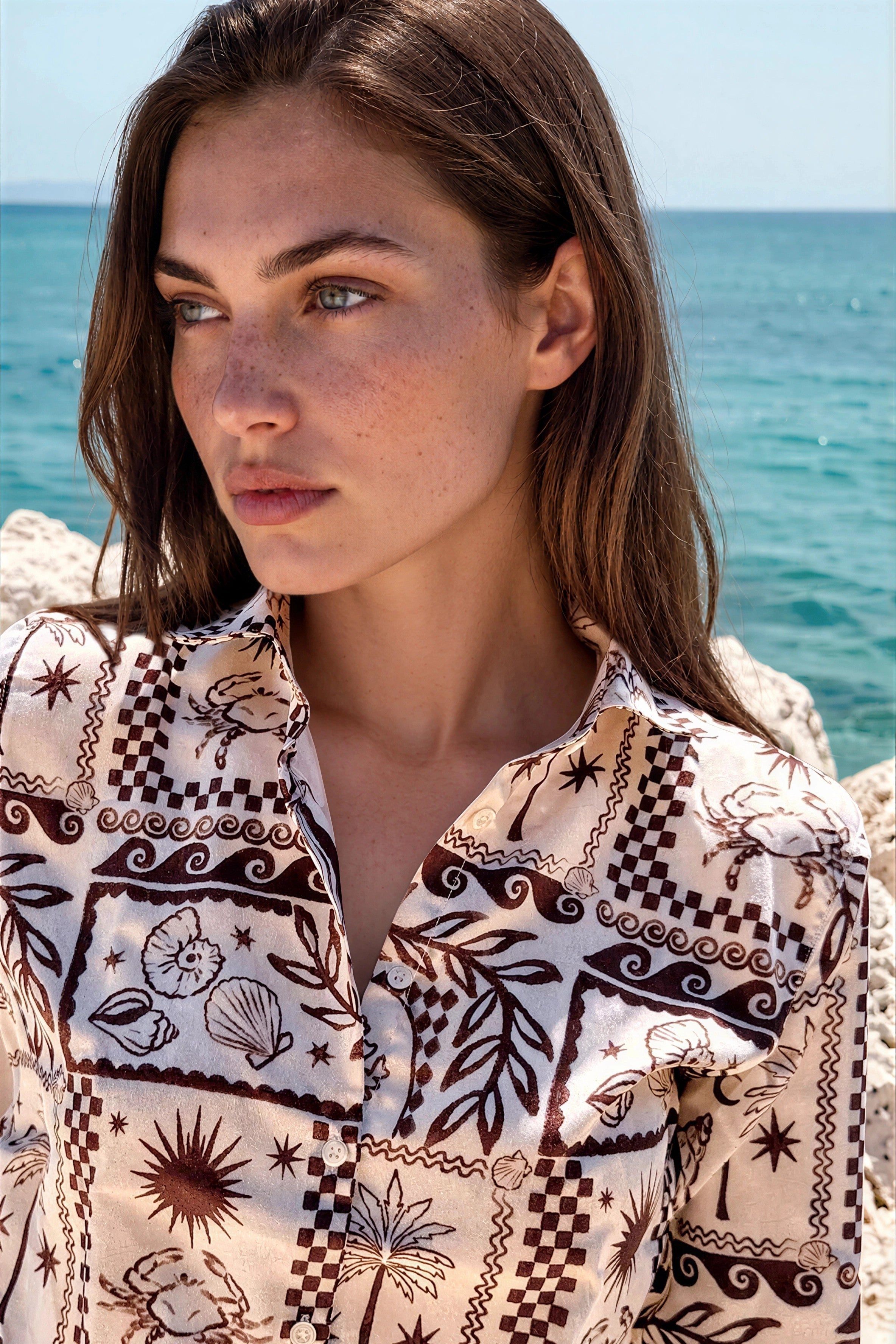 Chemisier Clémence imprimé soyeux - Marron-CHEMISIER FEMME-Curling-Paris