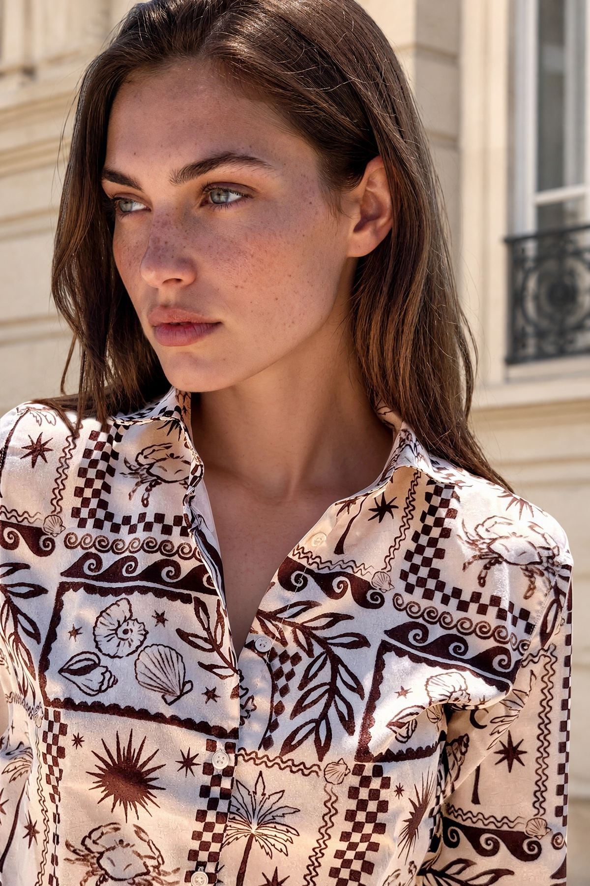 Chemisier Clémence imprimé soyeux - Marron-CHEMISIER FEMME-Curling-Paris