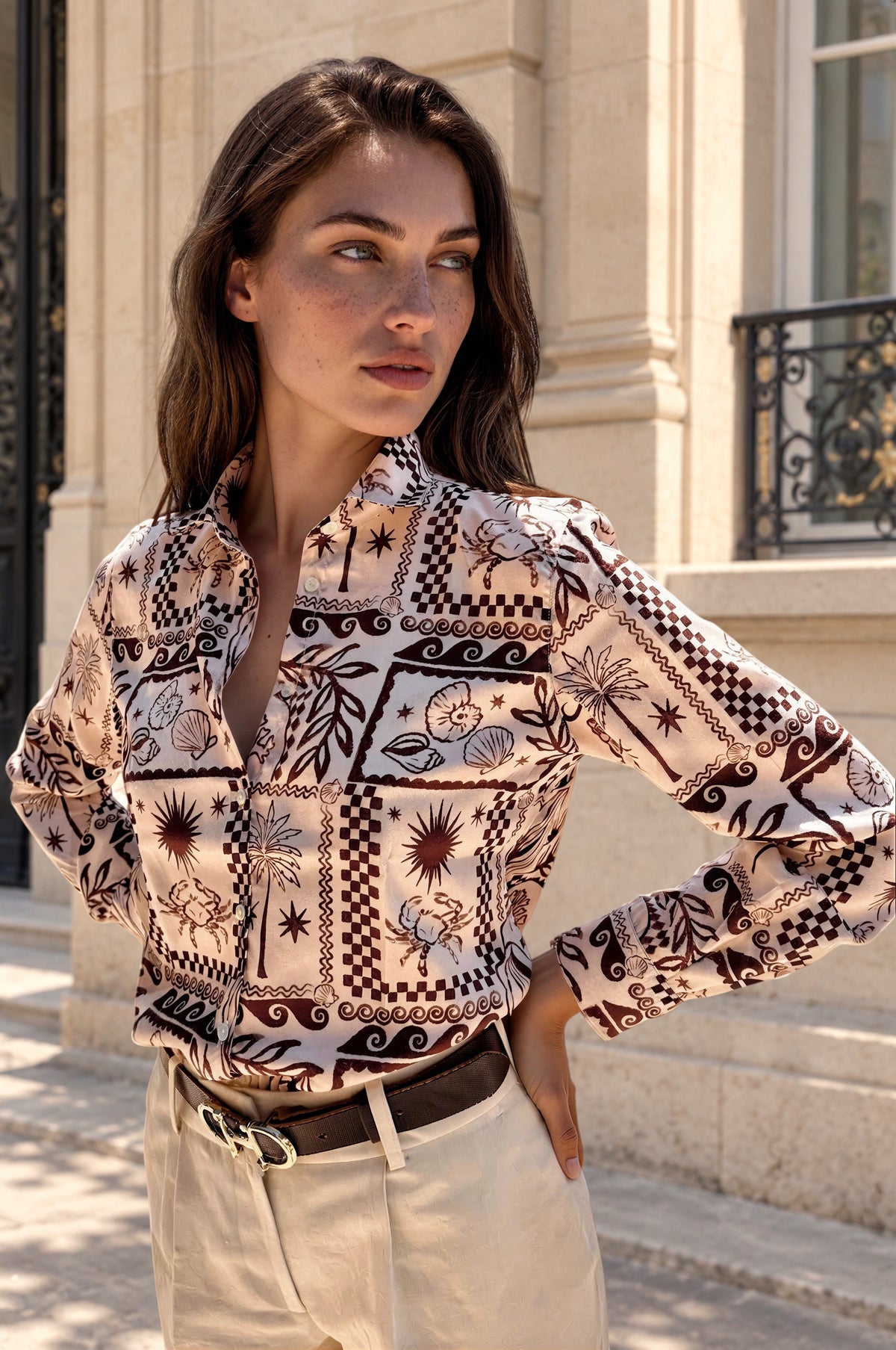 Chemisier Clémence imprimé soyeux - Marron-CHEMISIER FEMME-Curling-Paris