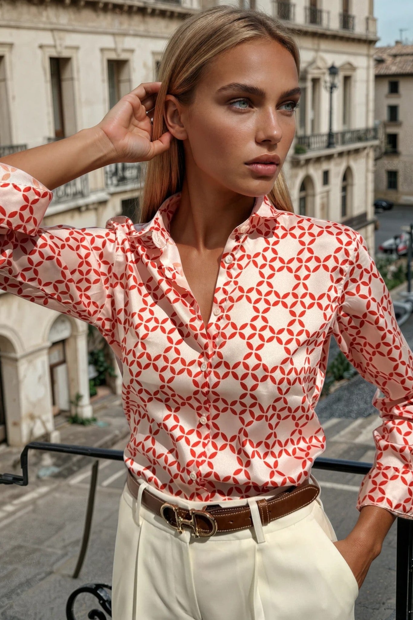 Chemisier Clemence imprimé soyeux - Orange-CHEMISIER FEMME-Curling-Paris