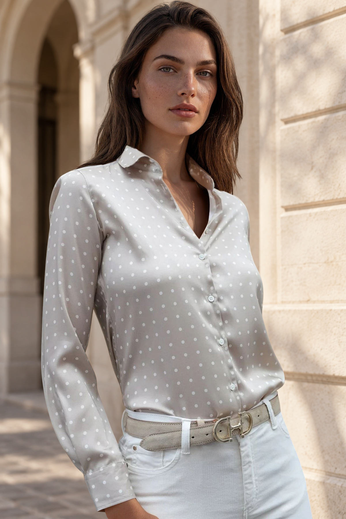 Chemisier Clémence imprimé soyeux - Pois Beige-CHEMISIER FEMME-Curling-Paris