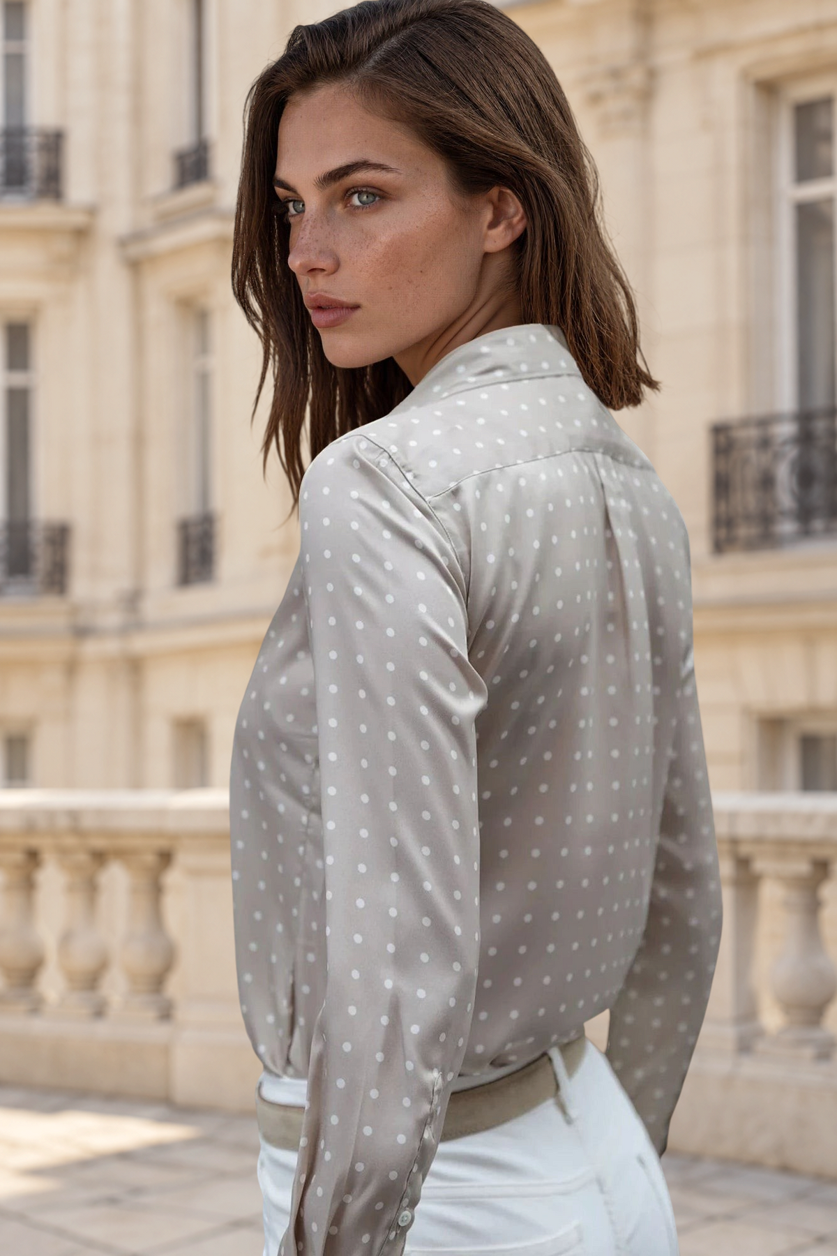 Chemisier Clémence imprimé soyeux - Pois Beige-CHEMISIER FEMME-Curling-Paris