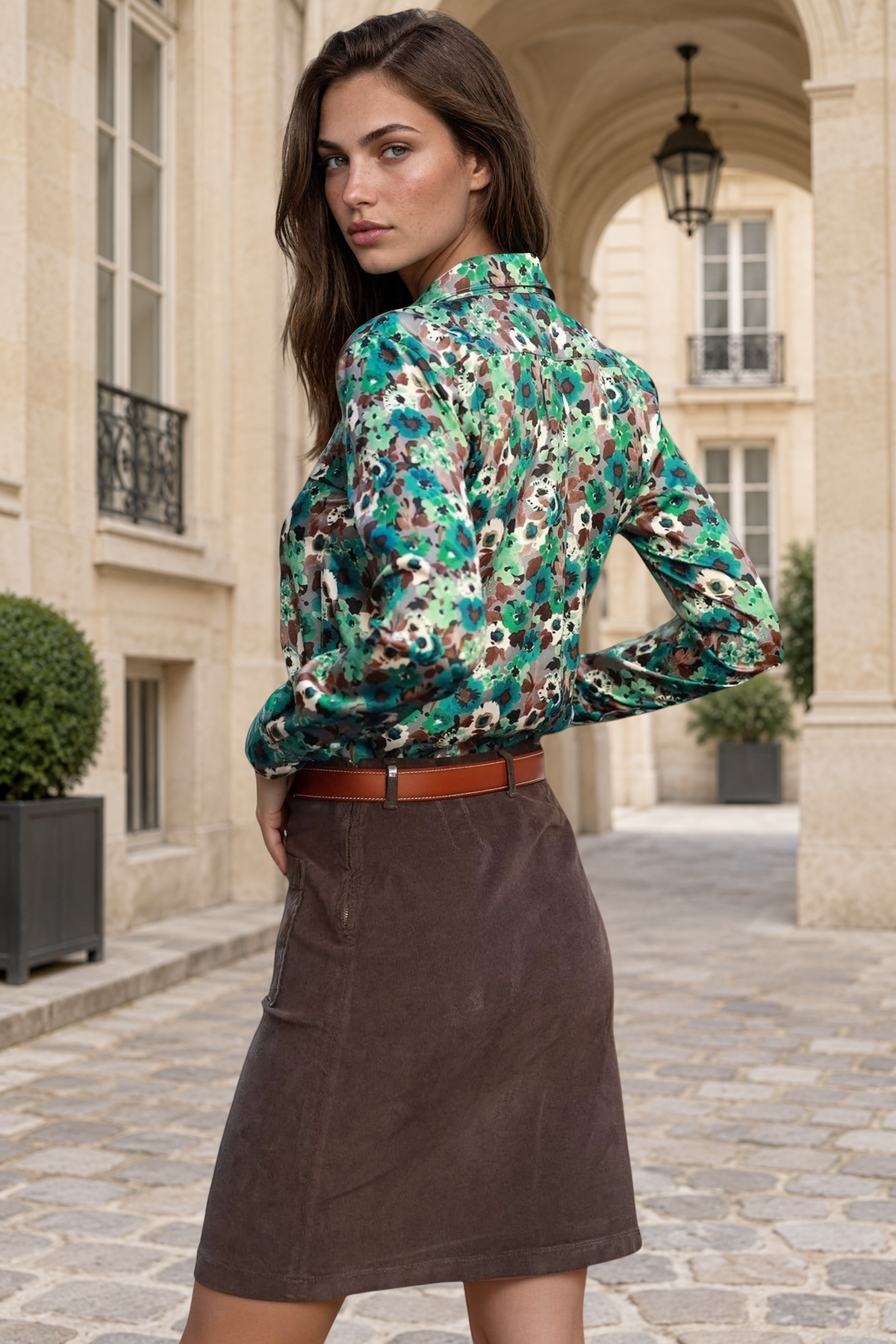 Chemisier Clemence imprimé soyeux - Vert & Marron-CHEMISIER FEMME-Curling-Paris