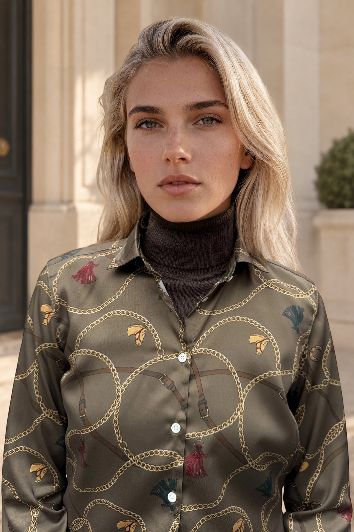 Chemisier Clemence imprimé soyeux chaînes - Kaki-CHEMISIER FEMME-Curling-Paris