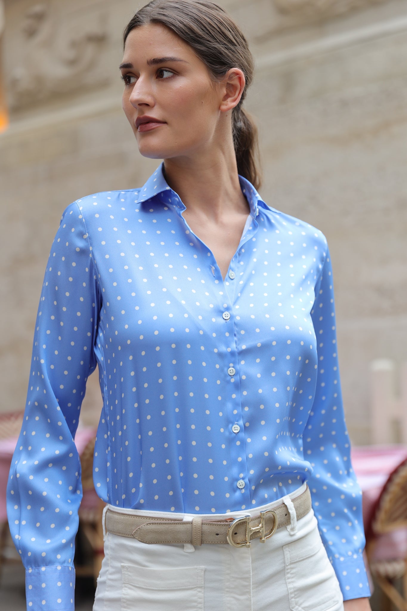 Chemisier Clémence soyeux - Pois Ciel-CHEMISIER FEMME-Curling-Paris