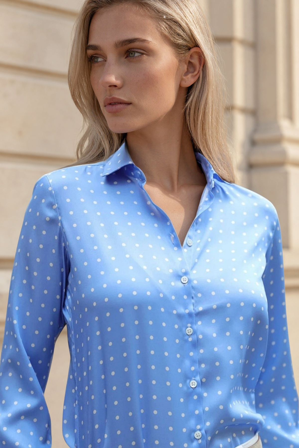 Chemisier Clémence soyeux - Pois Ciel-CHEMISIER FEMME-Curling-Paris