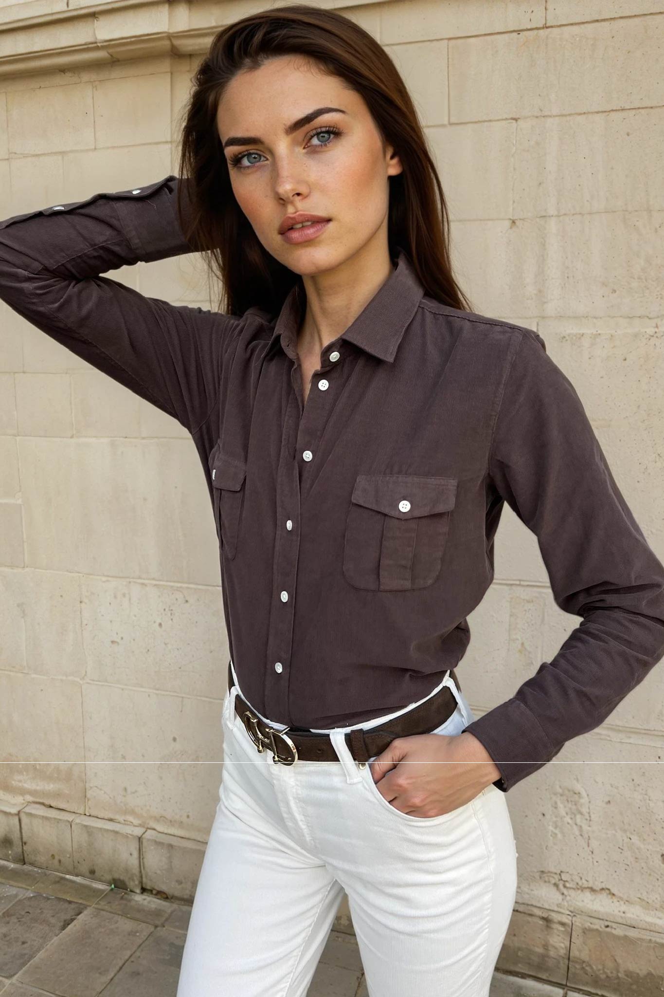 Chemisier Flore en velours milleraies - Marron-CHEMISIER FEMME-Curling-Paris