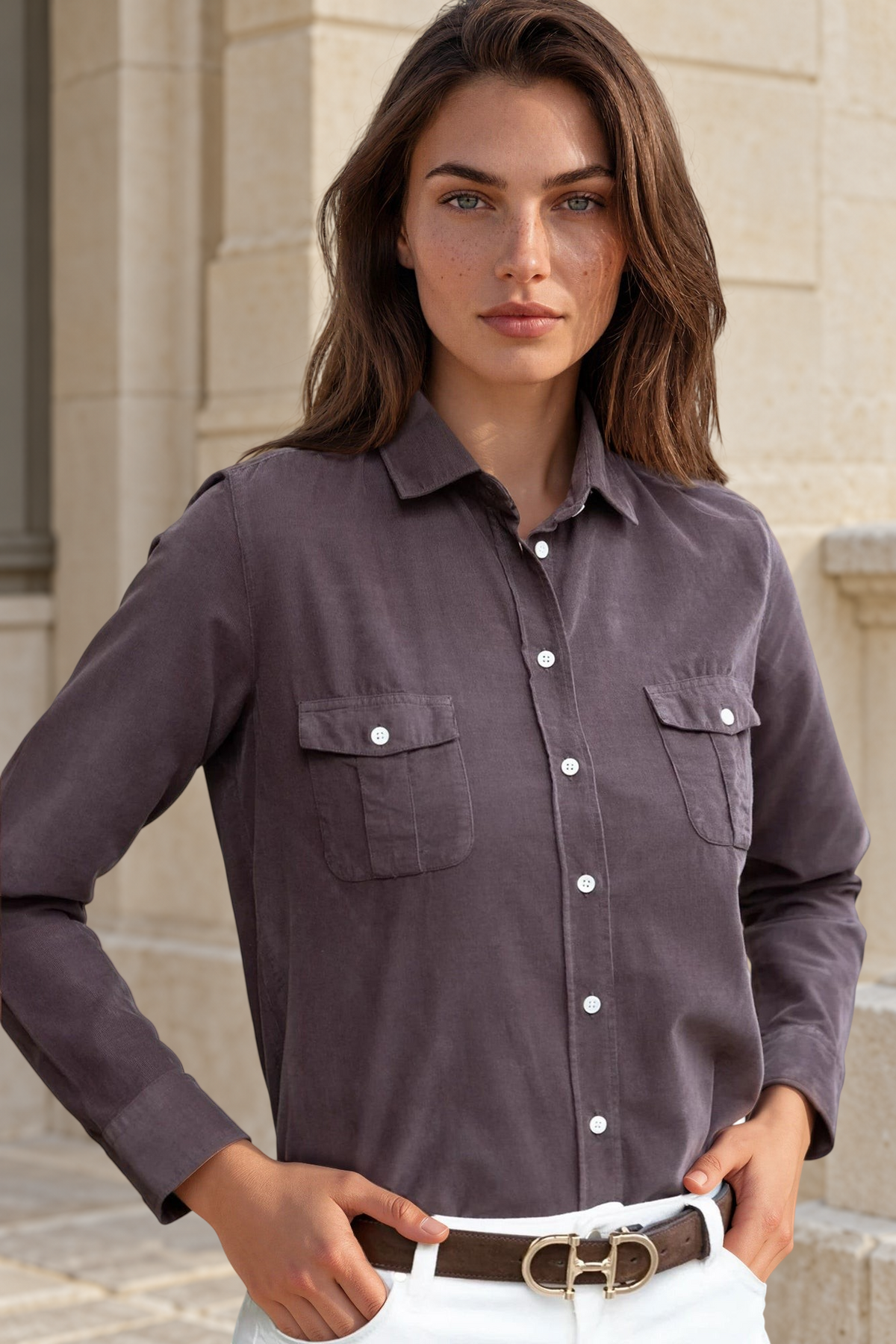 Chemisier Flore en velours milleraies - Marron-CHEMISIER FEMME-Curling-Paris