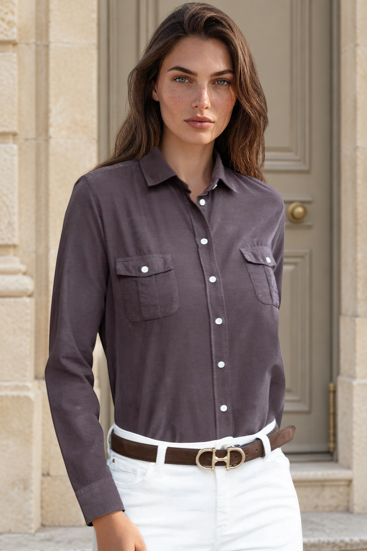 Chemisier Flore en velours milleraies - Marron-CHEMISIER FEMME-Curling-Paris