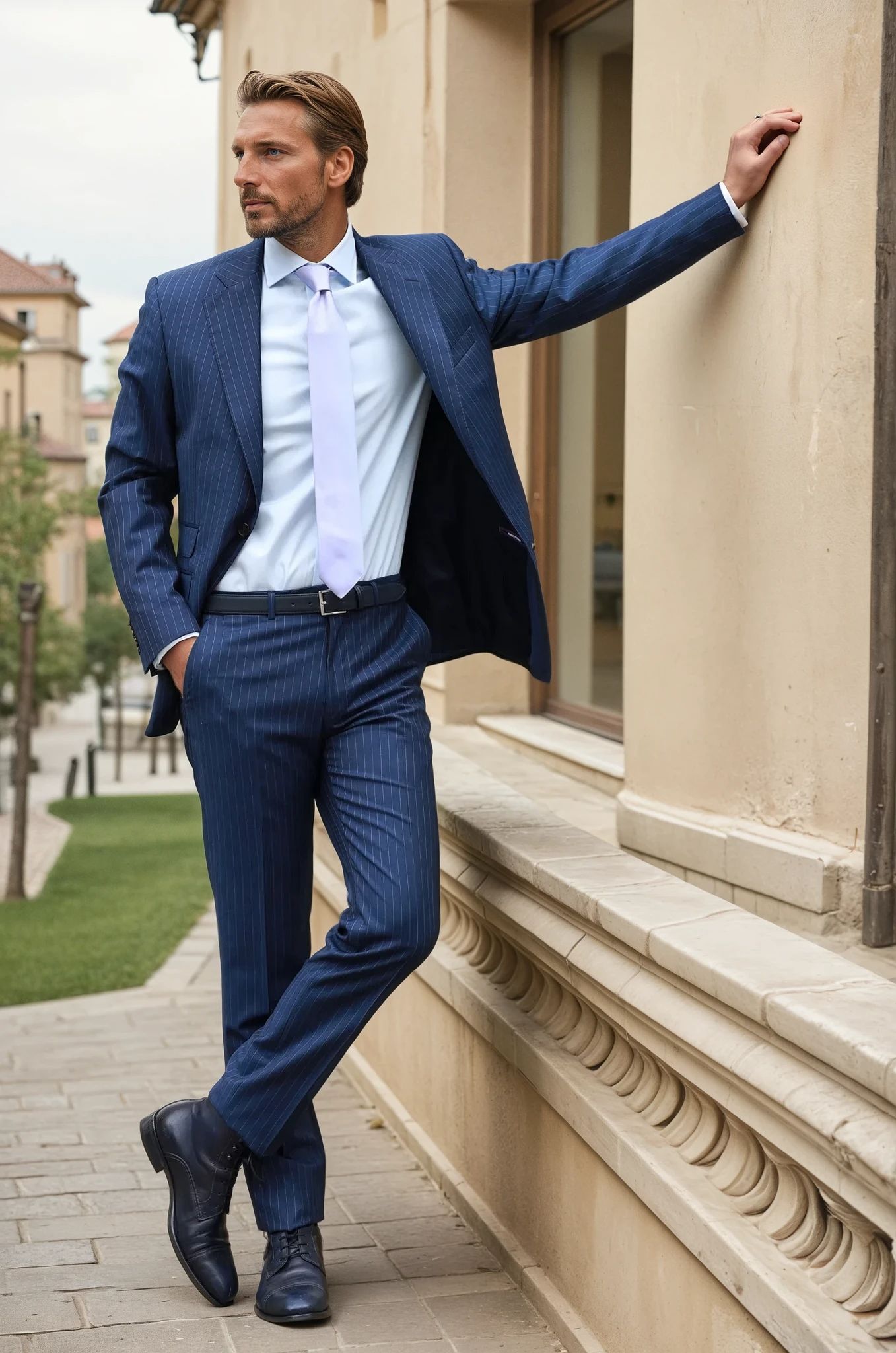 Costume Goal en laine Super 100'S - Rayure Tennis Marine-COSTUME HOMME-Curling-Paris