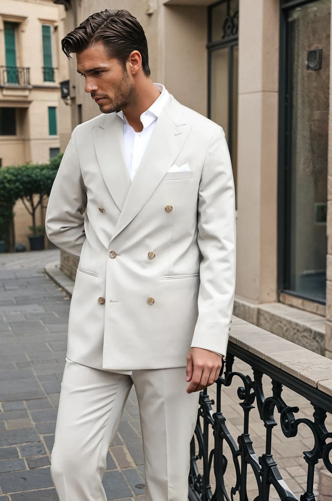 Costume croisé Léonard en laine super 110'S - Beige-COSTUME HOMME-Curling-Paris