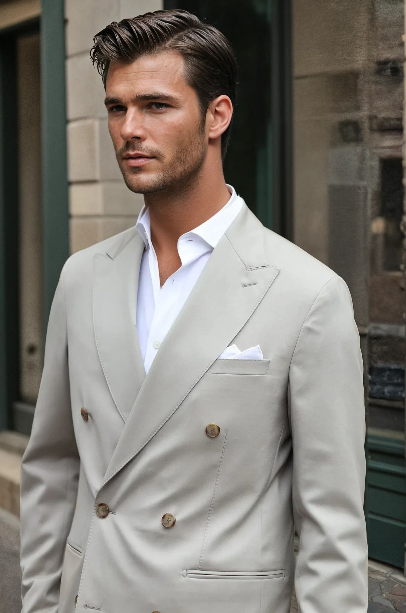 Costume croisé Léonard en laine super 110'S - Beige-COSTUME HOMME-Curling-Paris