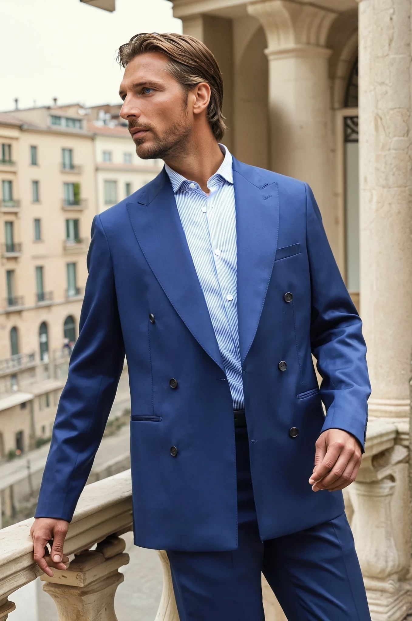 Costume croisé Léonard en laine super 110'S - Bleu-COSTUME HOMME-Curling-Paris