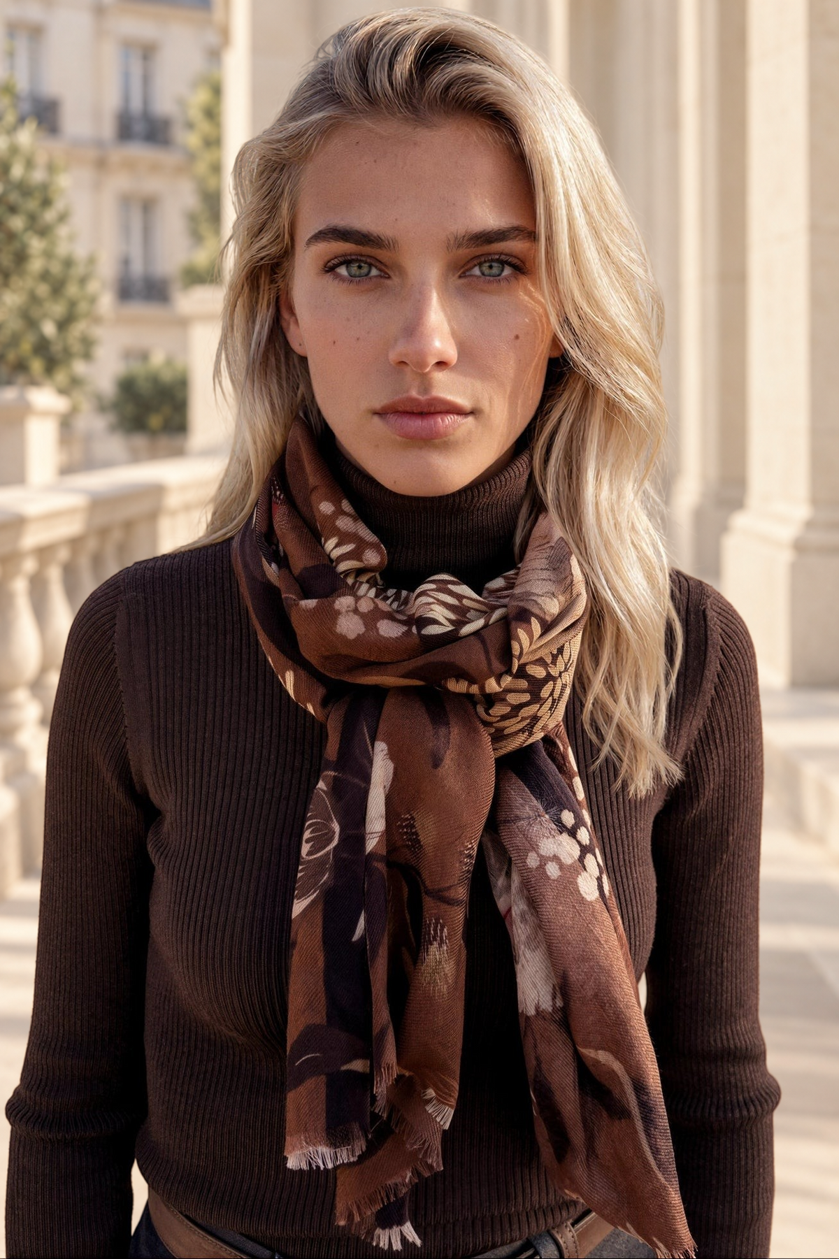 Étole Helene en laine & soie imprimée – Caramel-ECHARPES FEMME-Curling-Paris