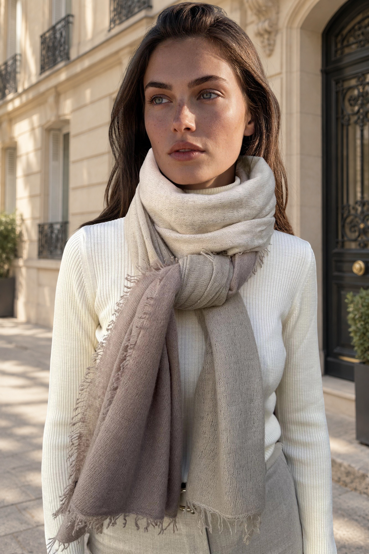 Étole Mathilde en cachemire ecru & taupe - Tie & Dye-ECHARPES FEMME-Curling-Paris