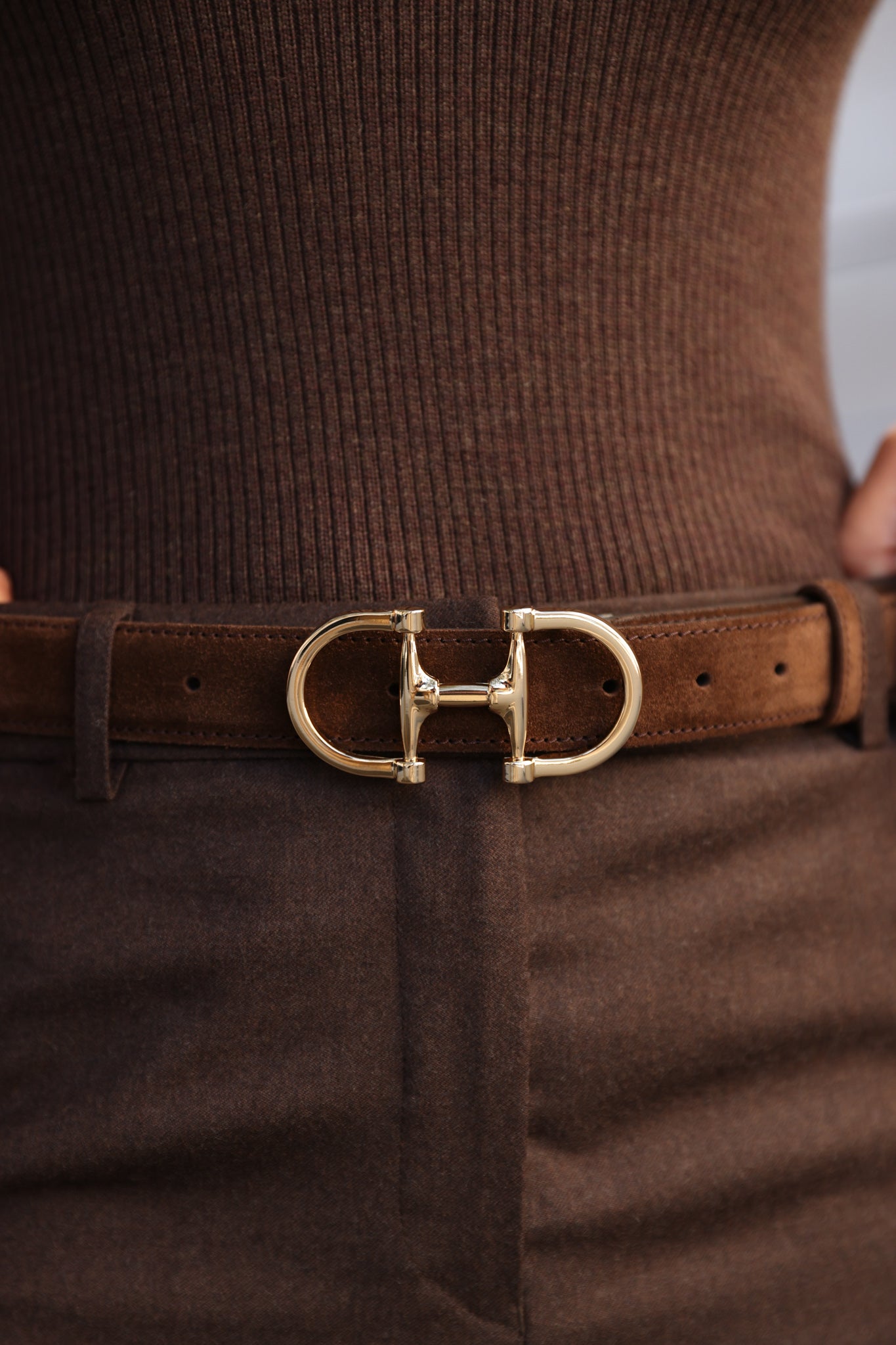 Amber horsebit belt in suede calfskin - Choco