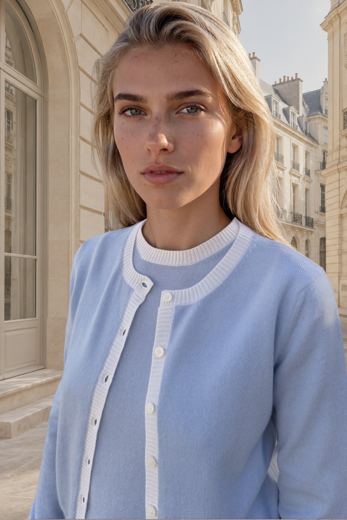 Gilet Adam col rond en laine & cachemire - Ciel-PULL FEMME-Curling-Paris