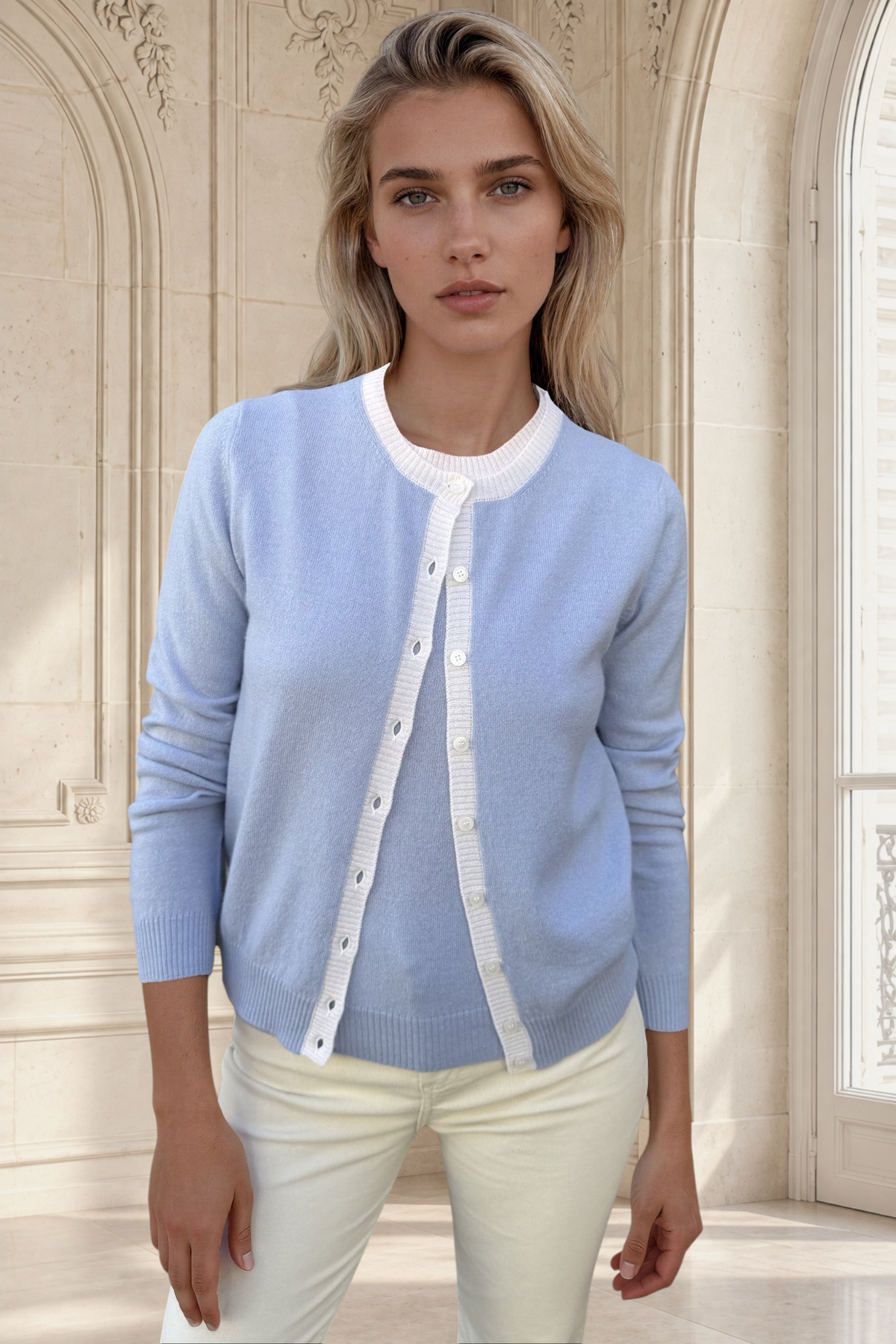 Gilet Adam col rond en laine & cachemire - Ciel-PULL FEMME-Curling-Paris