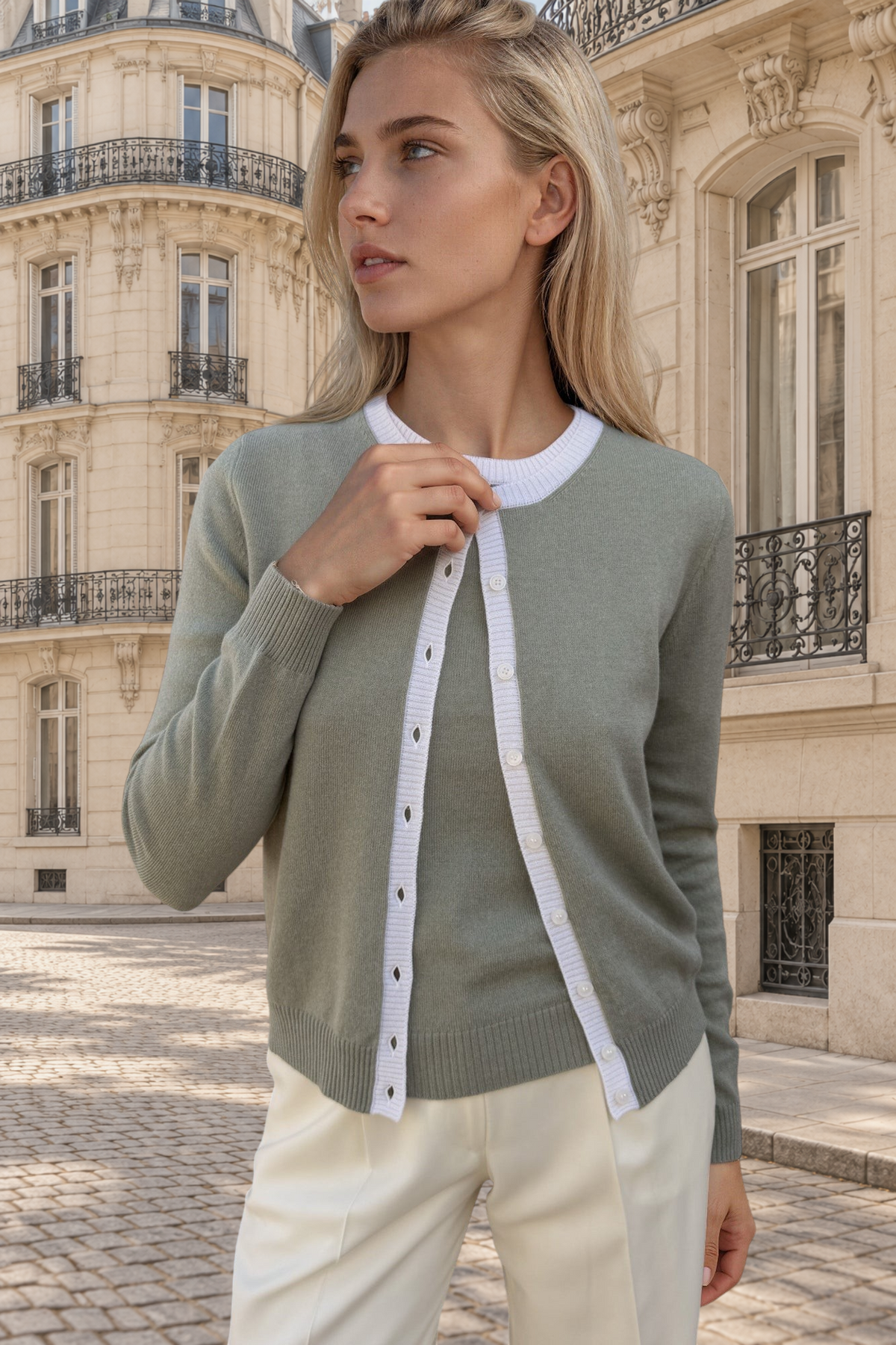 Gilet Adam col rond en laine & cachemire - Sauge-PULL FEMME-Curling-Paris