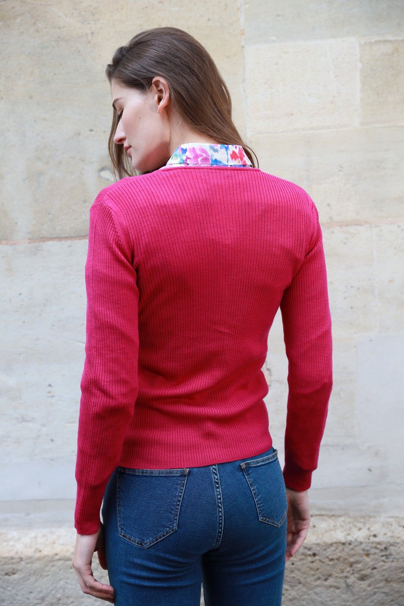 Gilet Agnès 100% laine mérinos - Rose-PULL FEMME-Curling-Paris